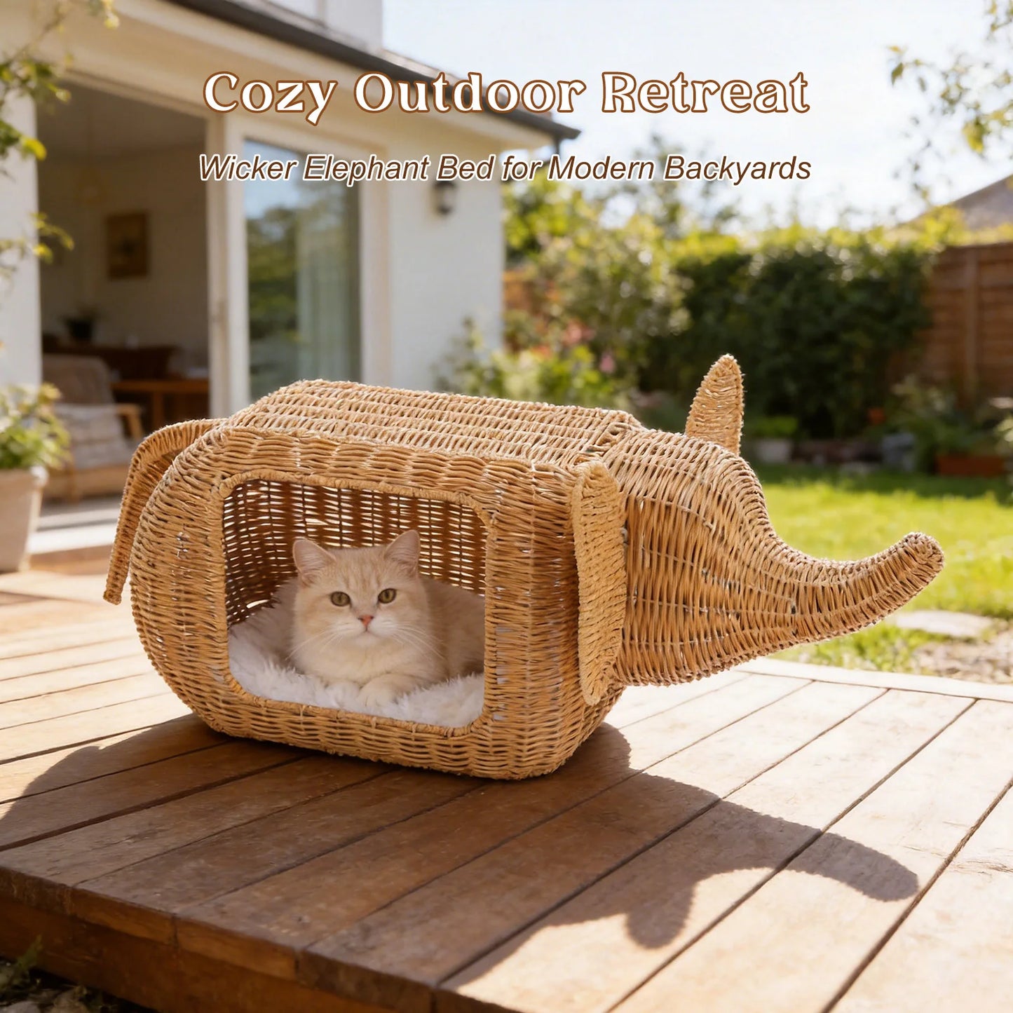 PEQULTI Handmade Elephant Rattan Cat Condo Bed Plush Hideaway