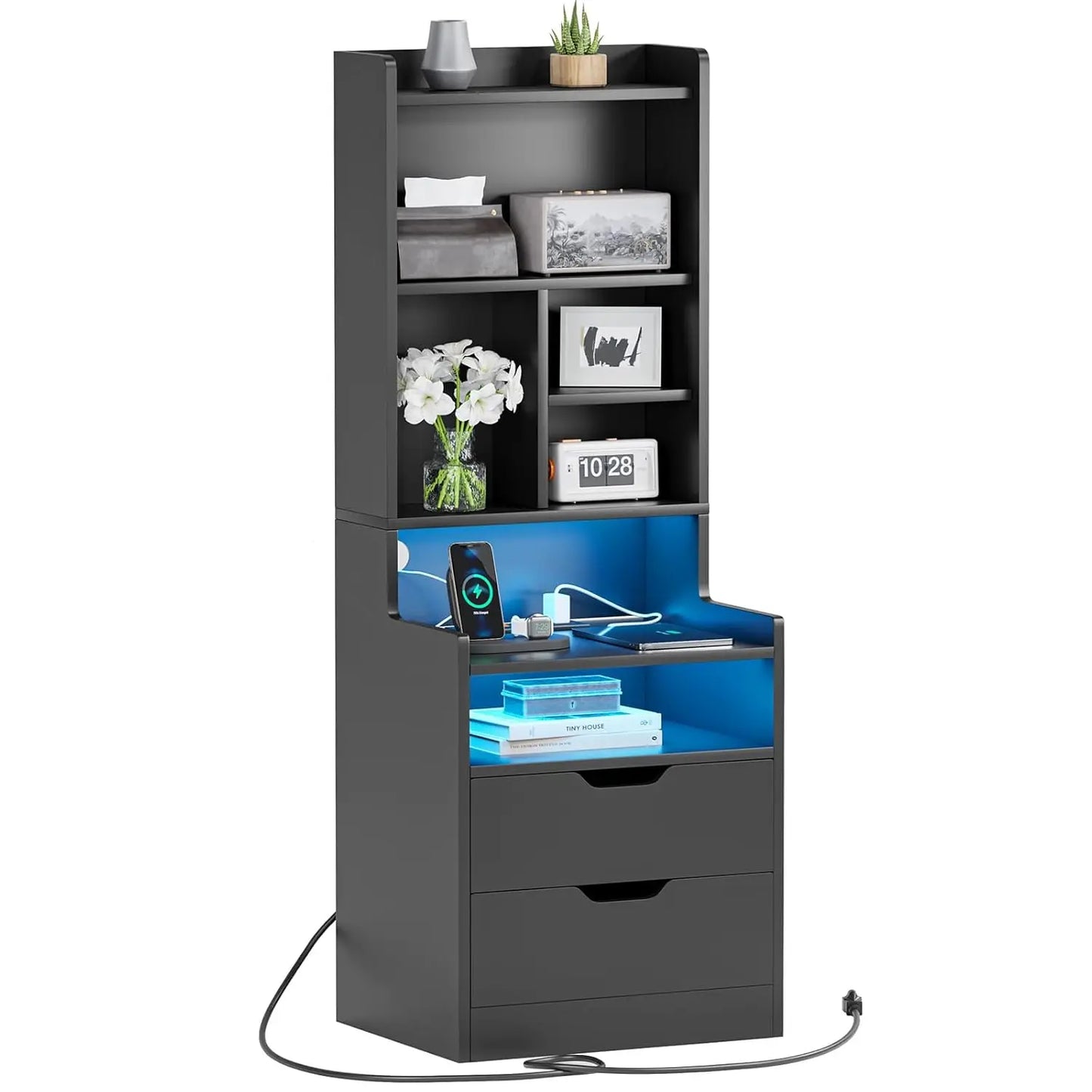 Tall Nightstand With Charging Station Led Lights And Bookshelf