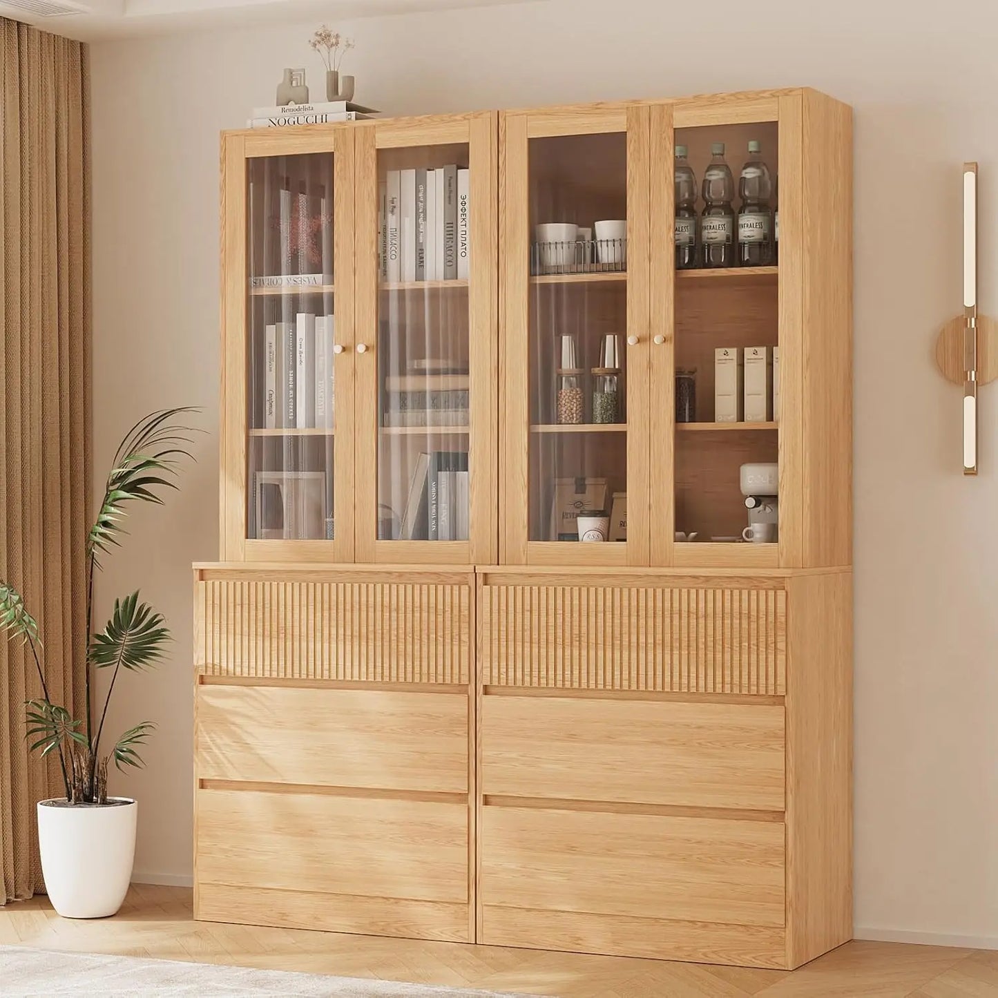 Living Room TV Stand Bookshelf Cabinet Set With Glass Doors
