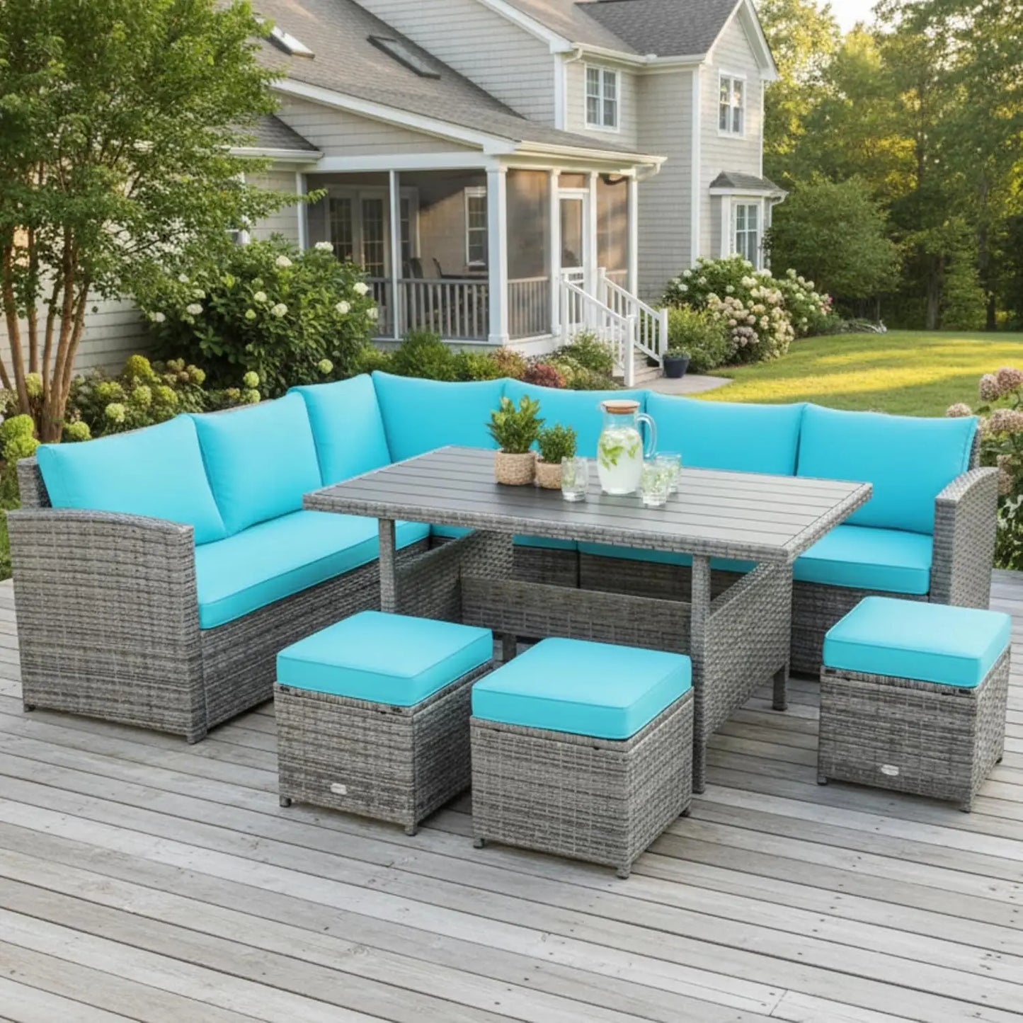 Patio Rattan Sectional Dining Set With All Weather Cushions