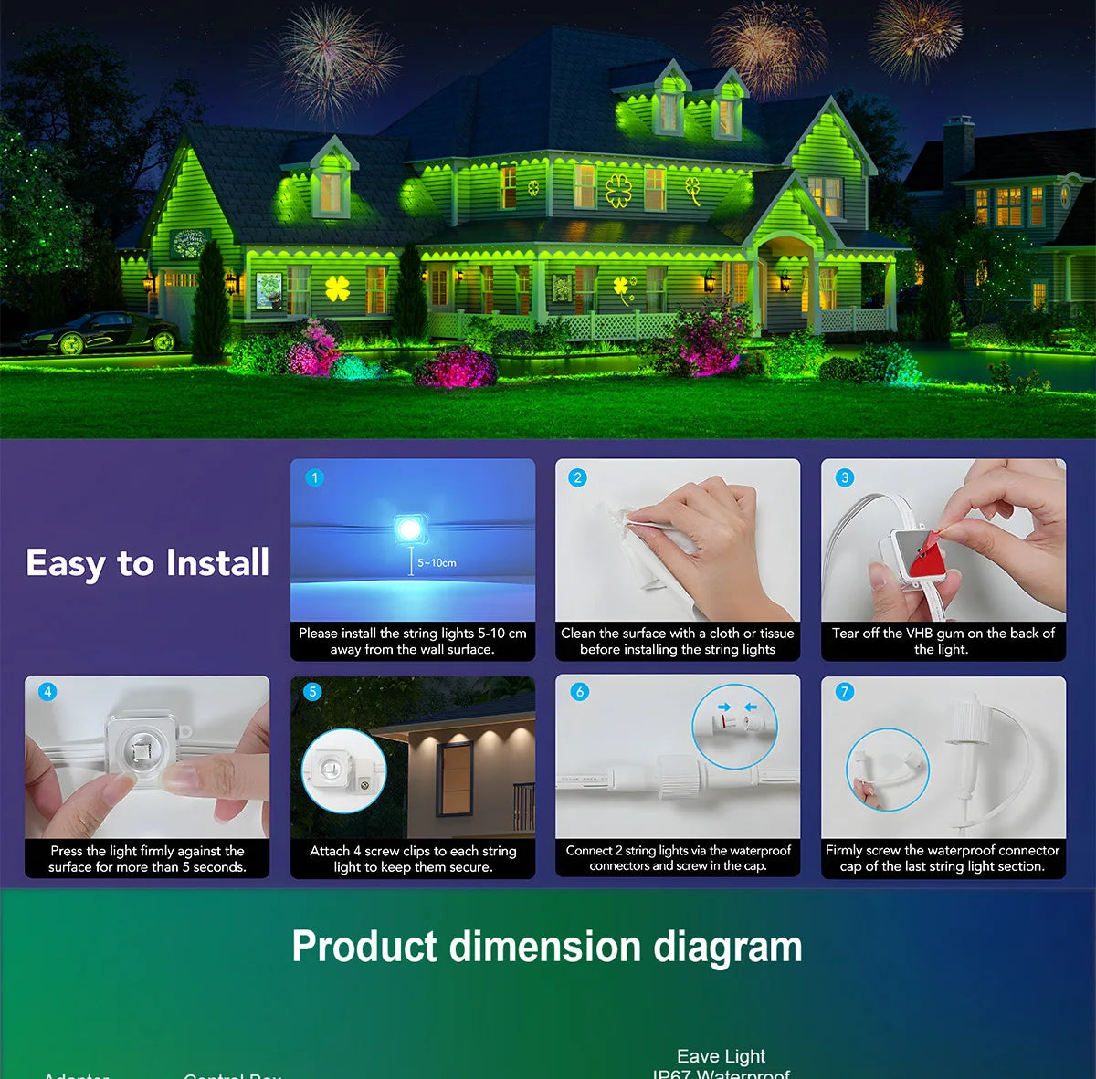 MIMIRGB Waterproof Outdoor LED Light String Eaves Lights With App Control