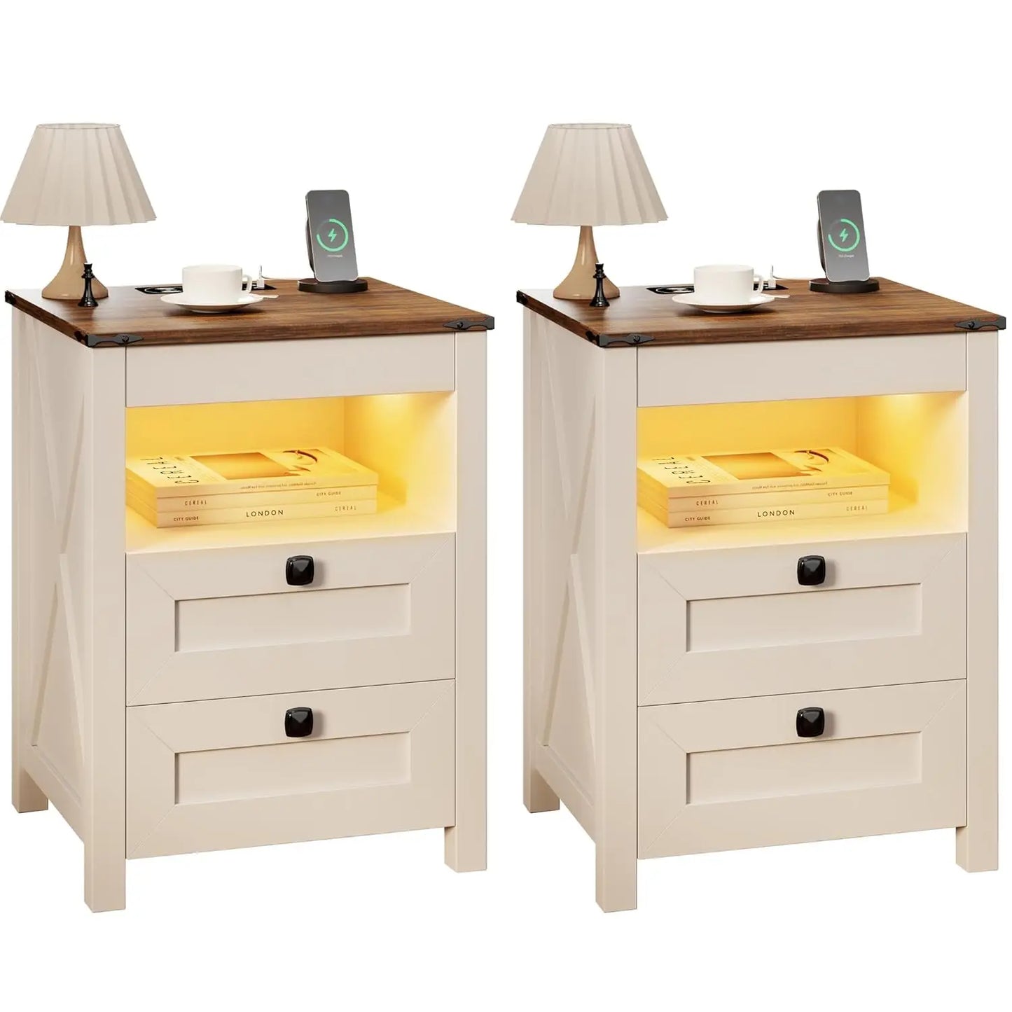Frame LED Nightstand Set With Charging Station And Drawer