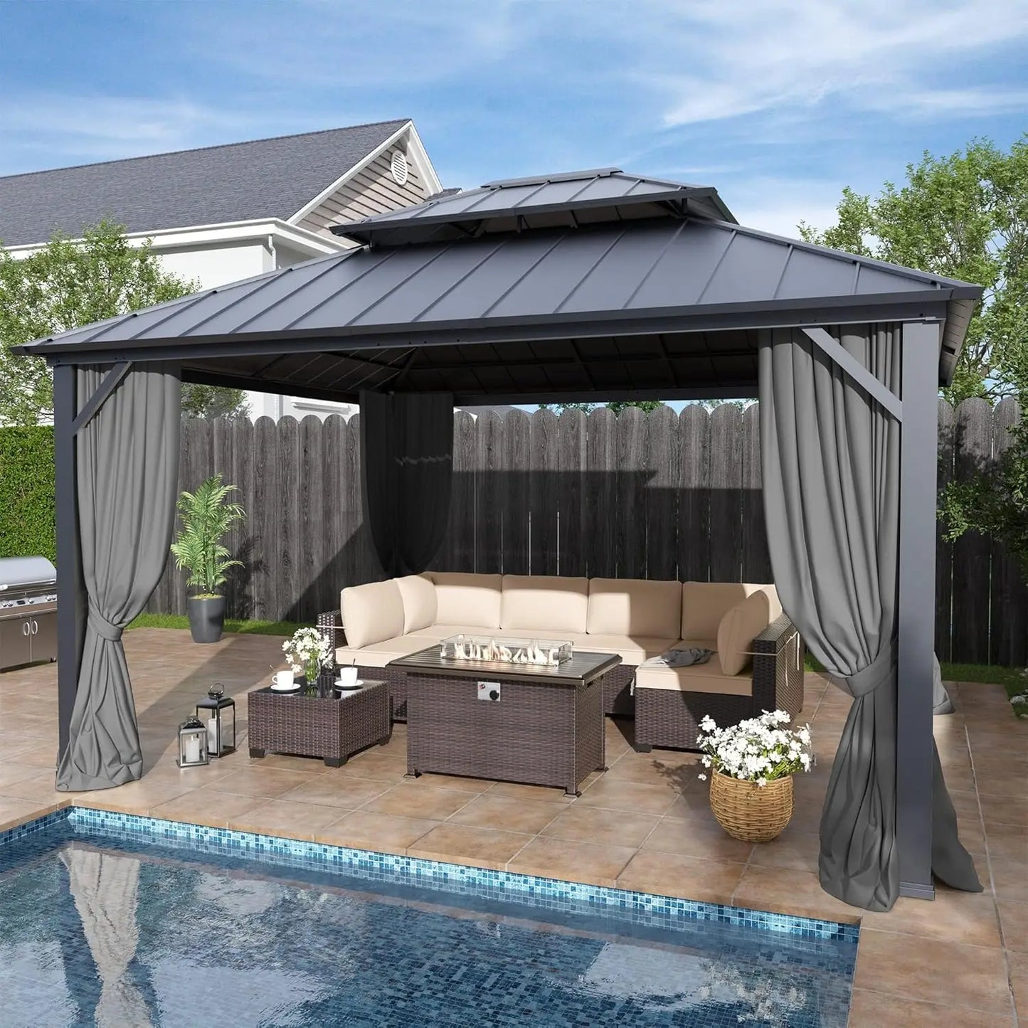 Hardtop Gazebo With Curtains And Netting For Patio And Garden