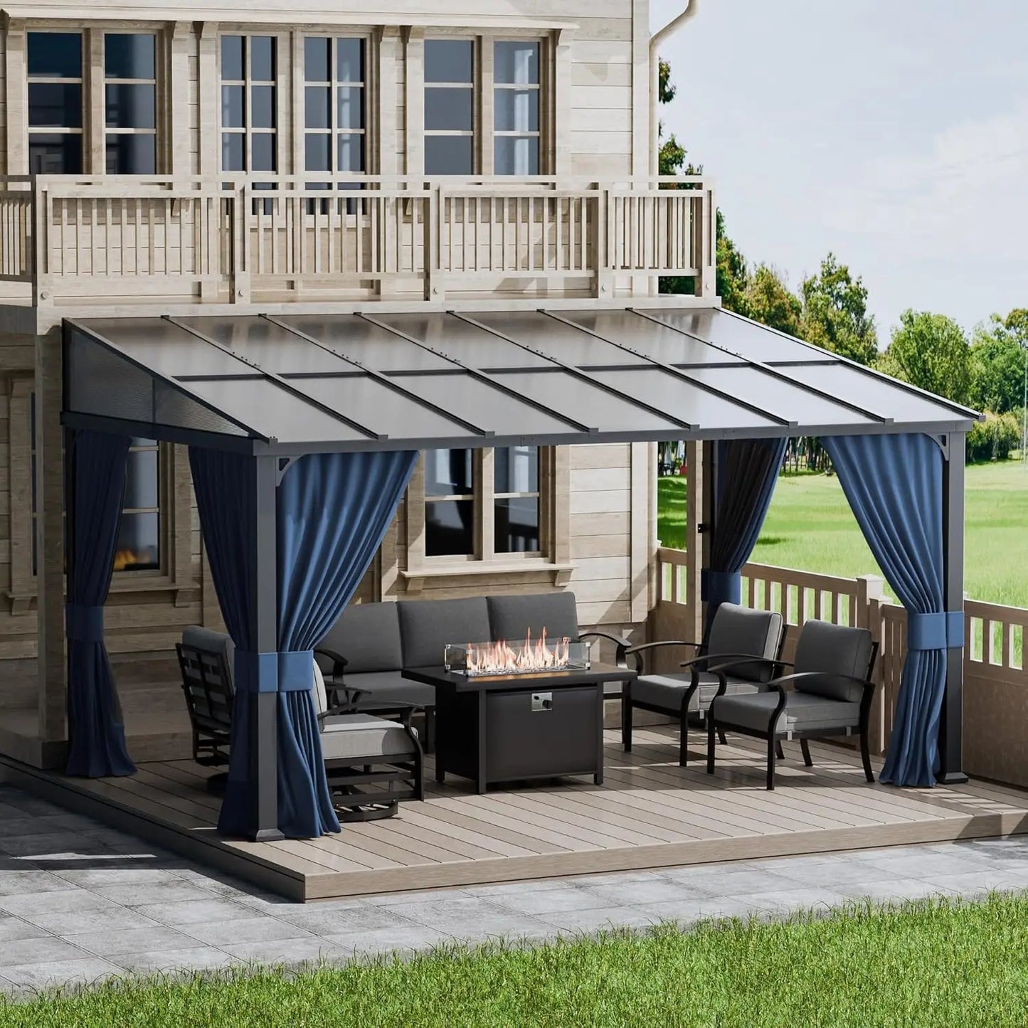 Wall Mounted Hardtop Pergola With Curtains And Netting