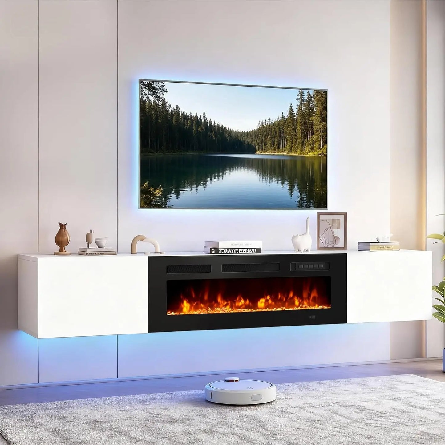 Floating TV Stand With Electric Fireplace And LED Media Console