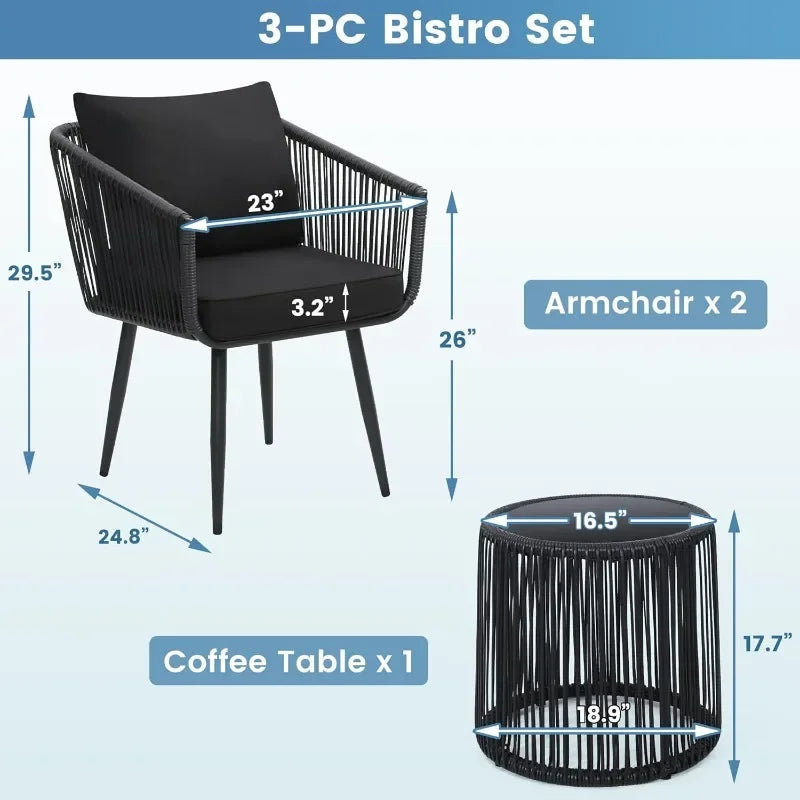3 Piece Patio Rattan Bistro Conversation Set Outdoor Wicker Furniture