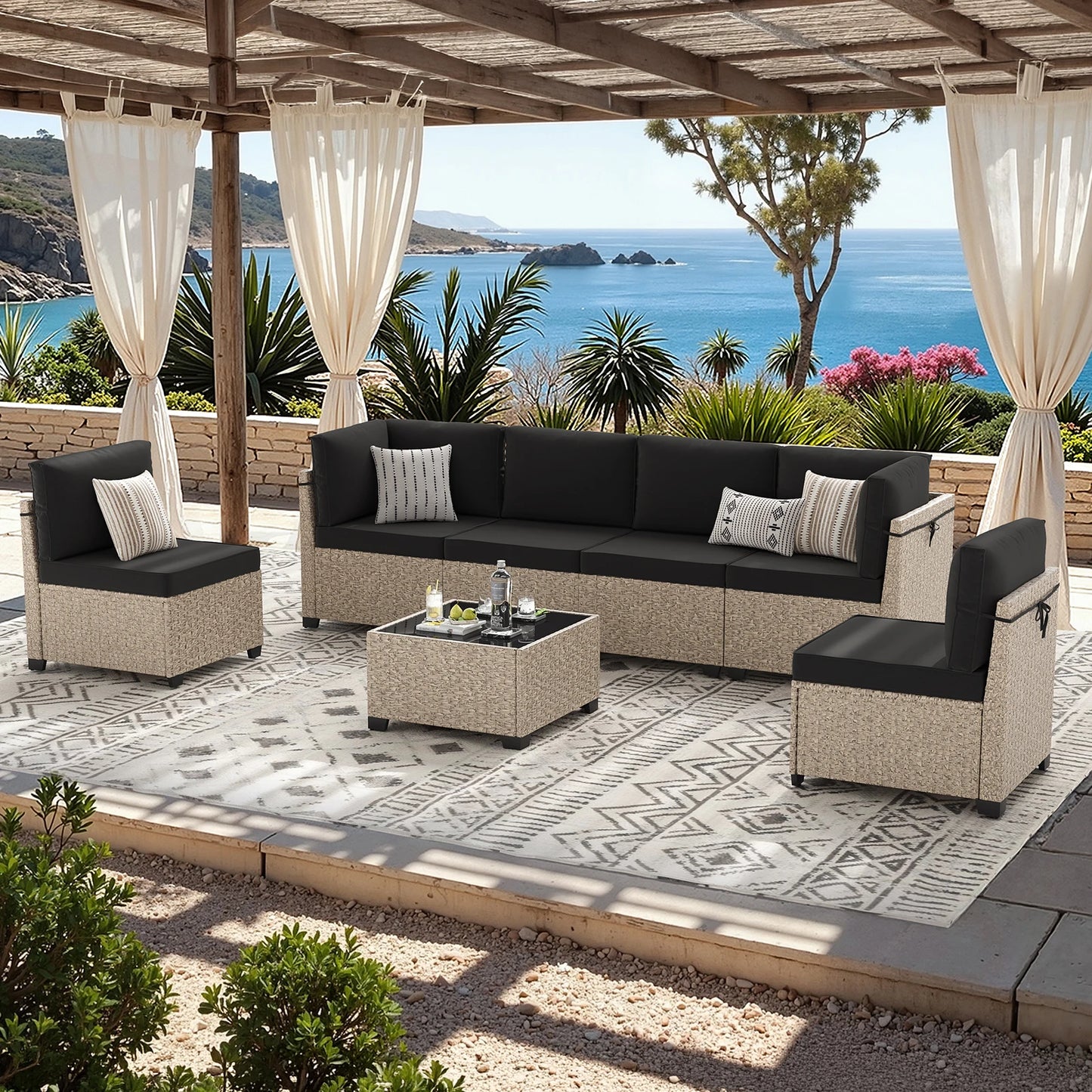 Outdoor 7 Piece Furniture Set Sectional Sofa Tempered Glass Table
