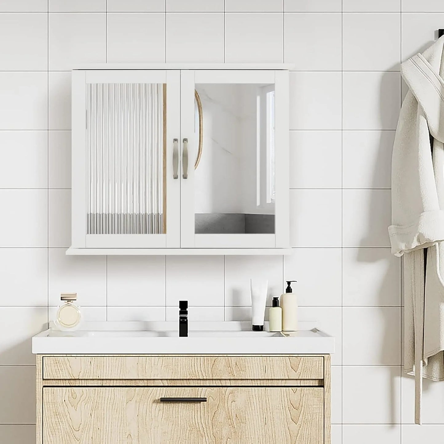 Bathroom Medicine Cabinet 2 Tier Mirror 2 Door Wall Cabinet