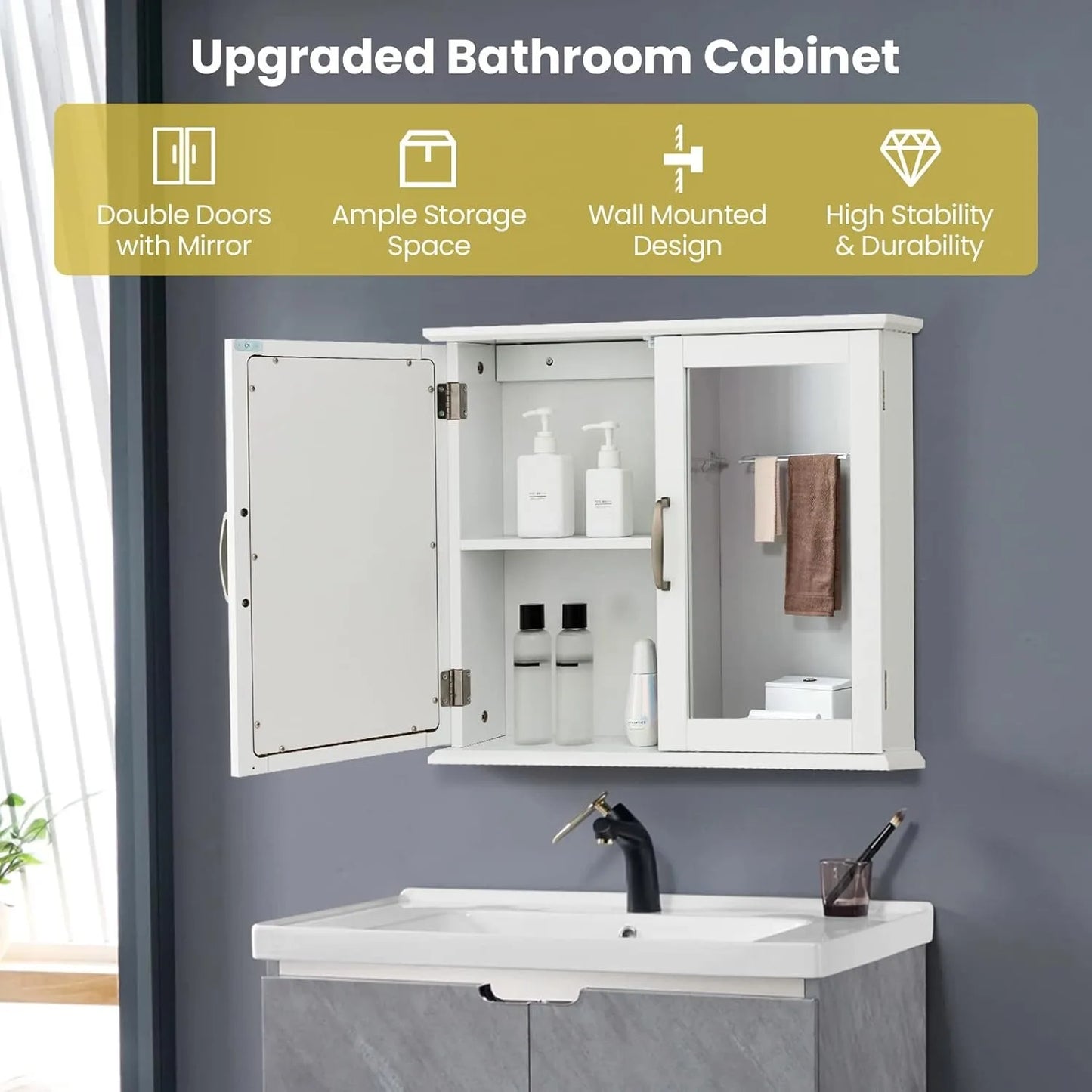 Bathroom Medicine Cabinet 2 Tier Mirror 2 Door Wall Cabinet