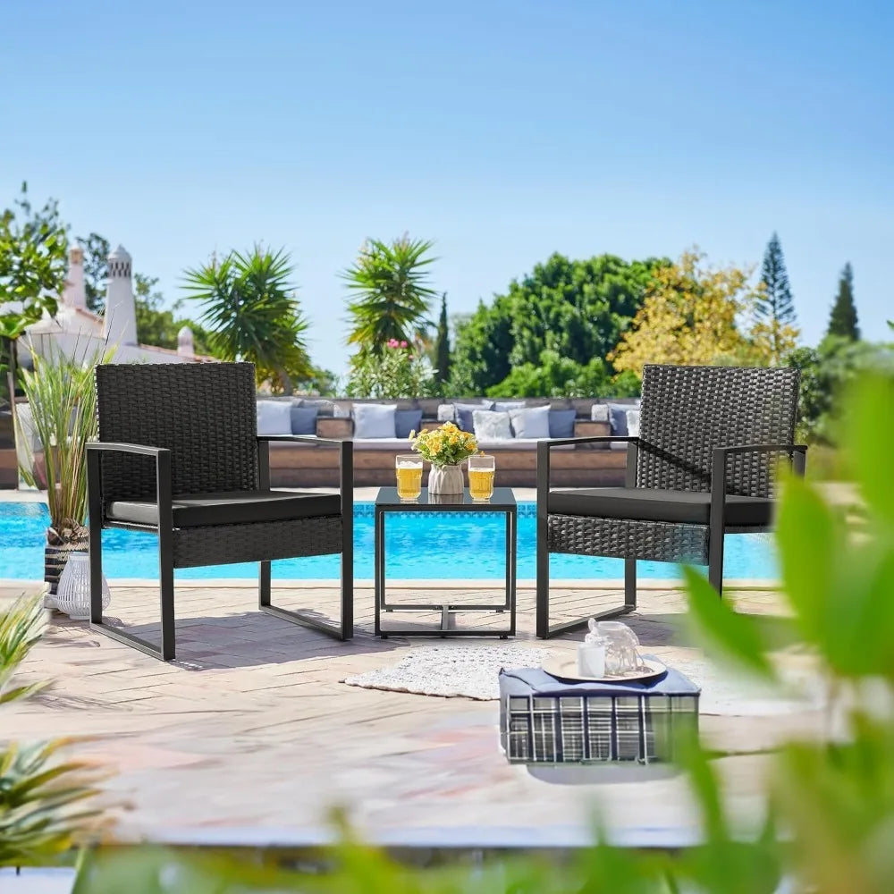 Outdoor Wicker Patio Furniture Set 3-Piece With Glass Coffee Table