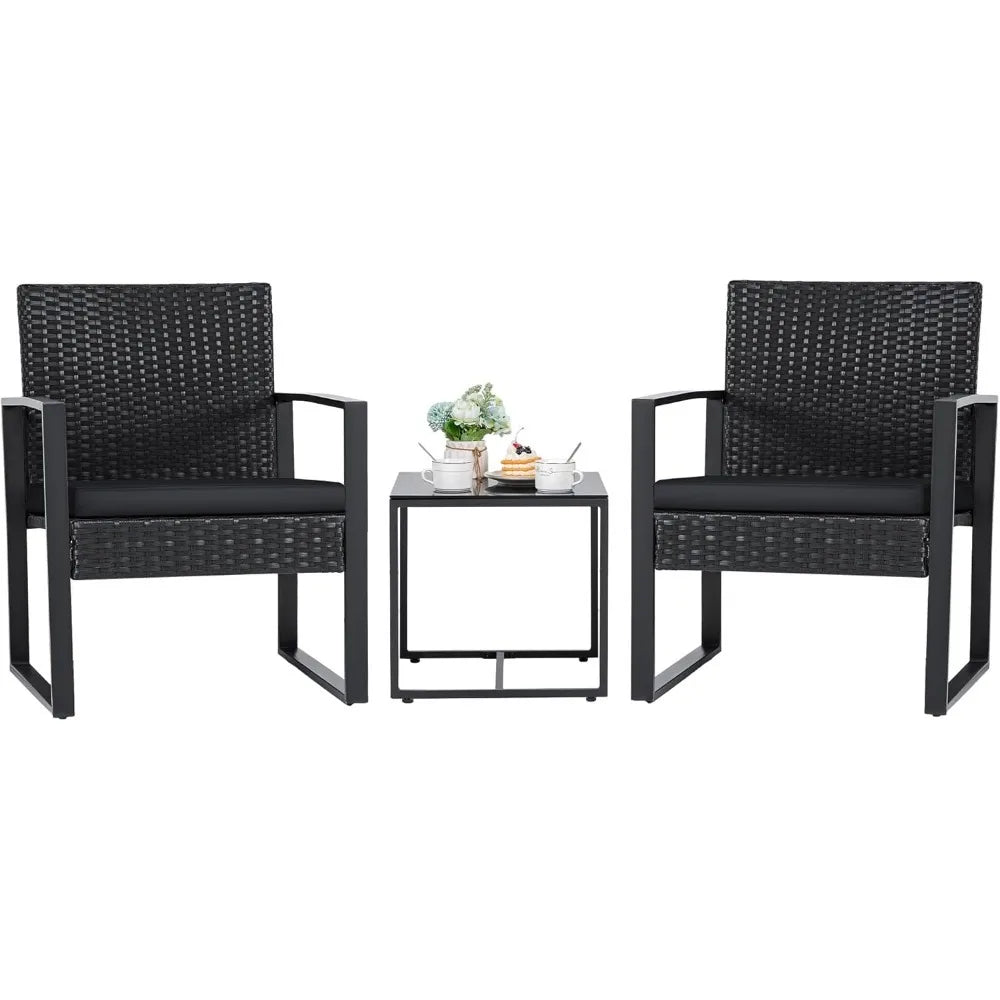 Outdoor Wicker Patio Furniture Set 3-Piece With Glass Coffee Table