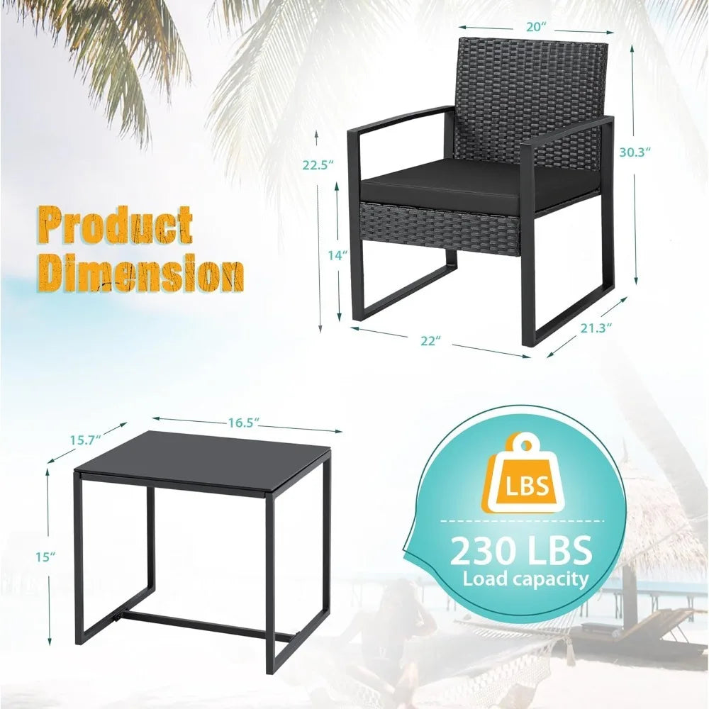 Outdoor Wicker Patio Furniture Set 3-Piece With Glass Coffee Table