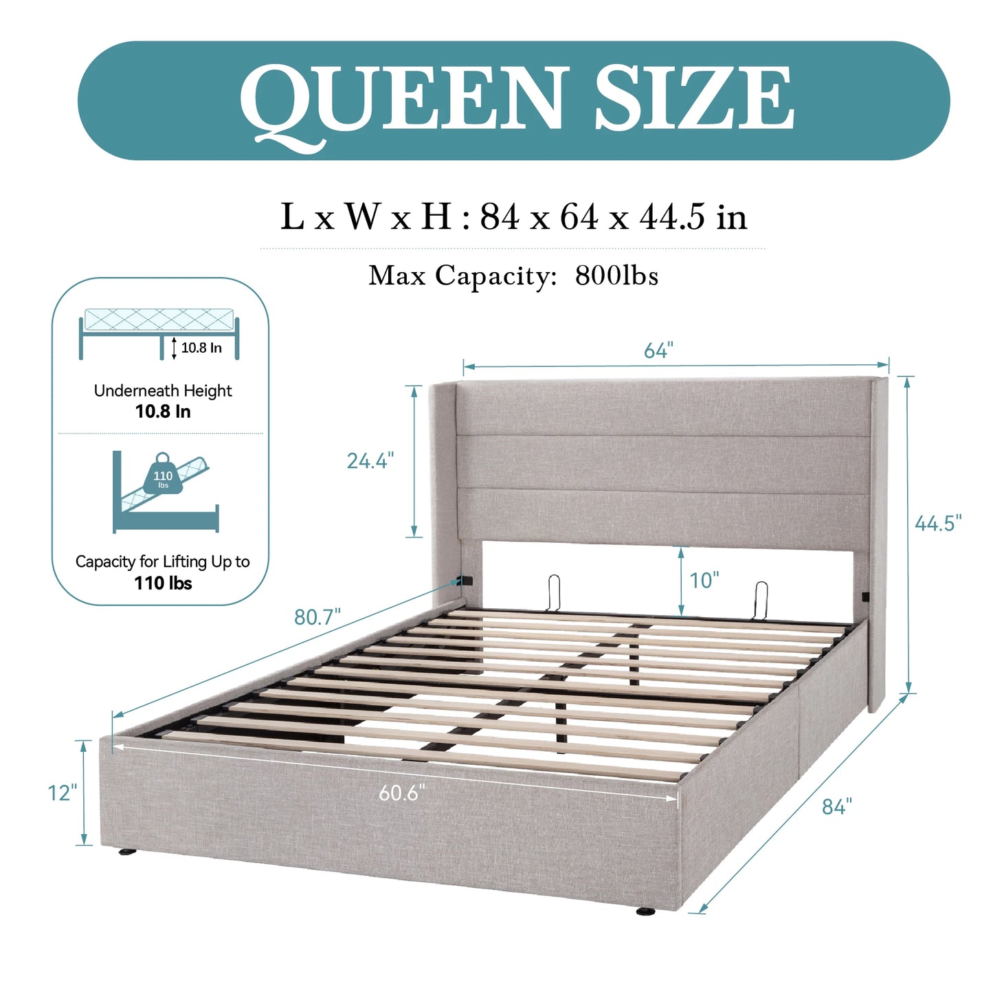 HOOMIC Lift Up Storage Bed With Wingback Headboard