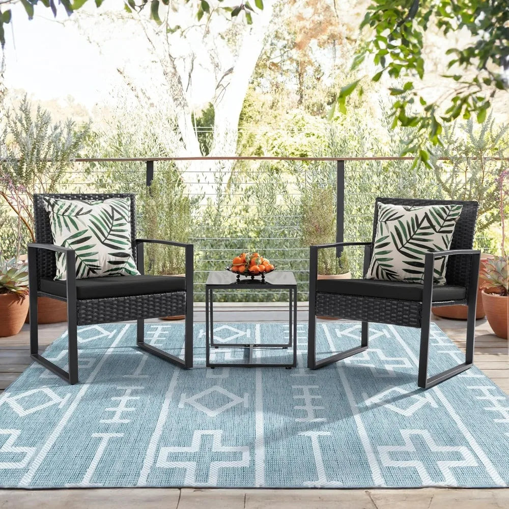 Outdoor Wicker Patio Furniture Set 3-Piece With Glass Coffee Table
