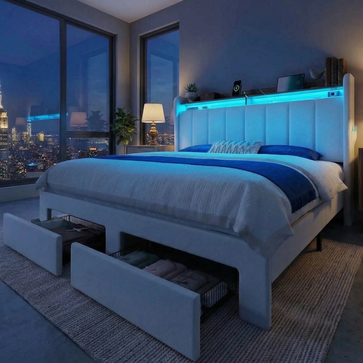 HOOMIC Bed Frame With LED Lights, Storage Drawers, Charging Station