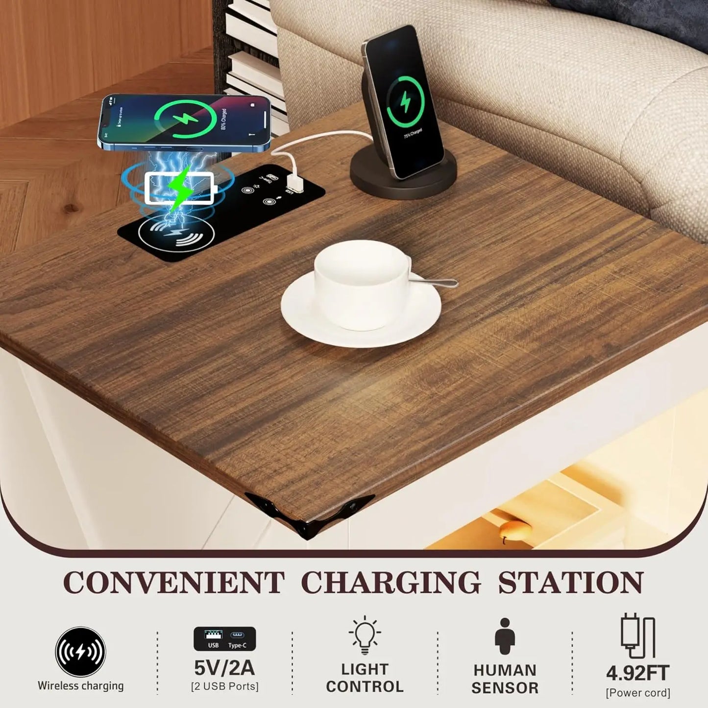 Frame LED Nightstand Set With Charging Station And Drawer