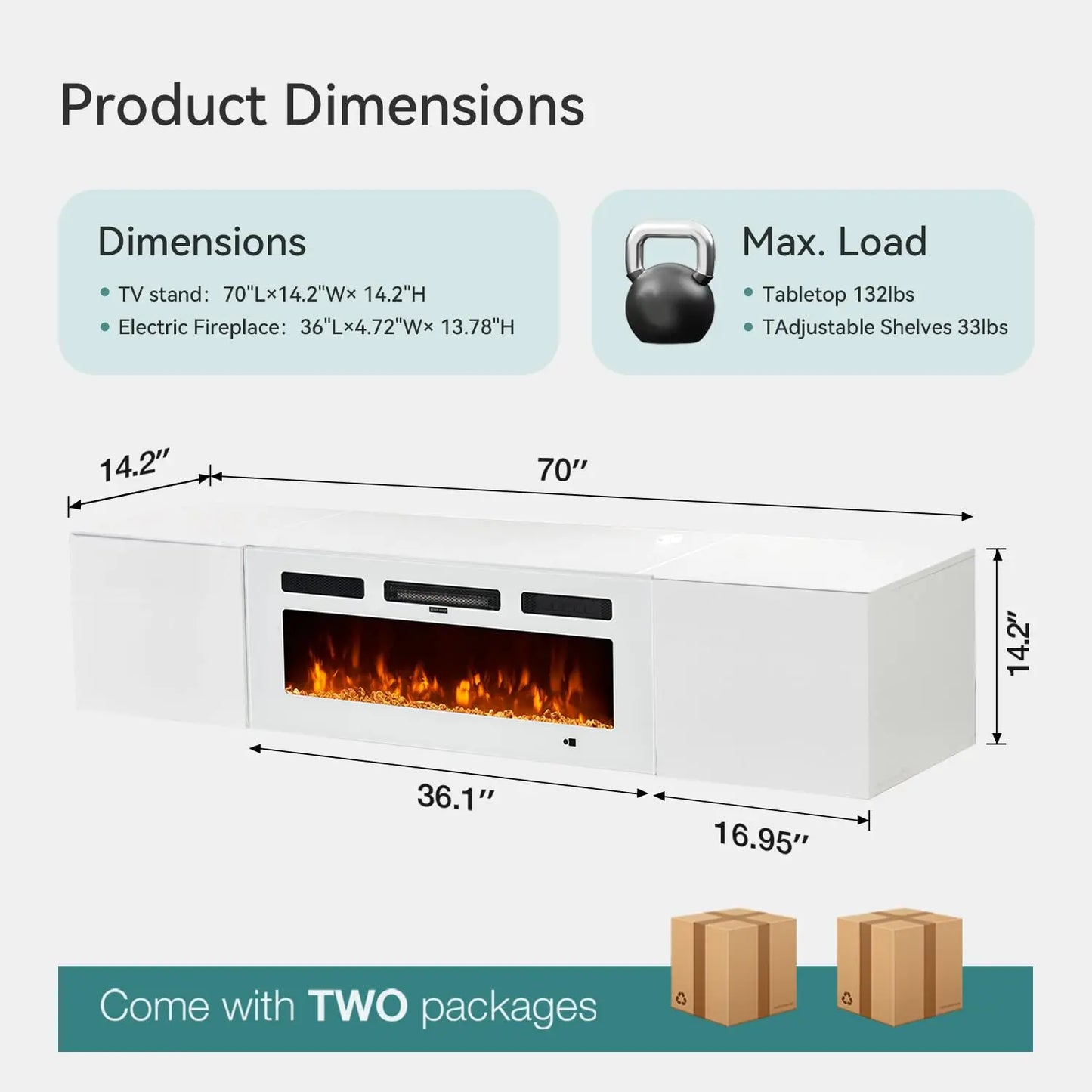 Wall Mount Floating TV Stand With LED Storage And Fireplace