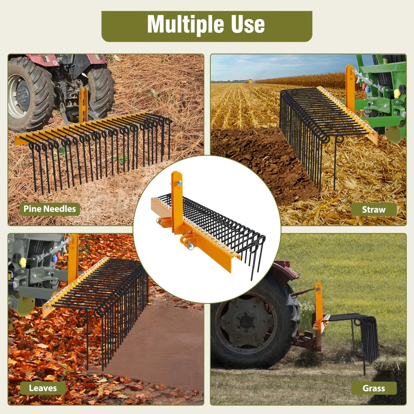 HiMISS 72 Inch Pine Straw Rake With Coil Spring Tines