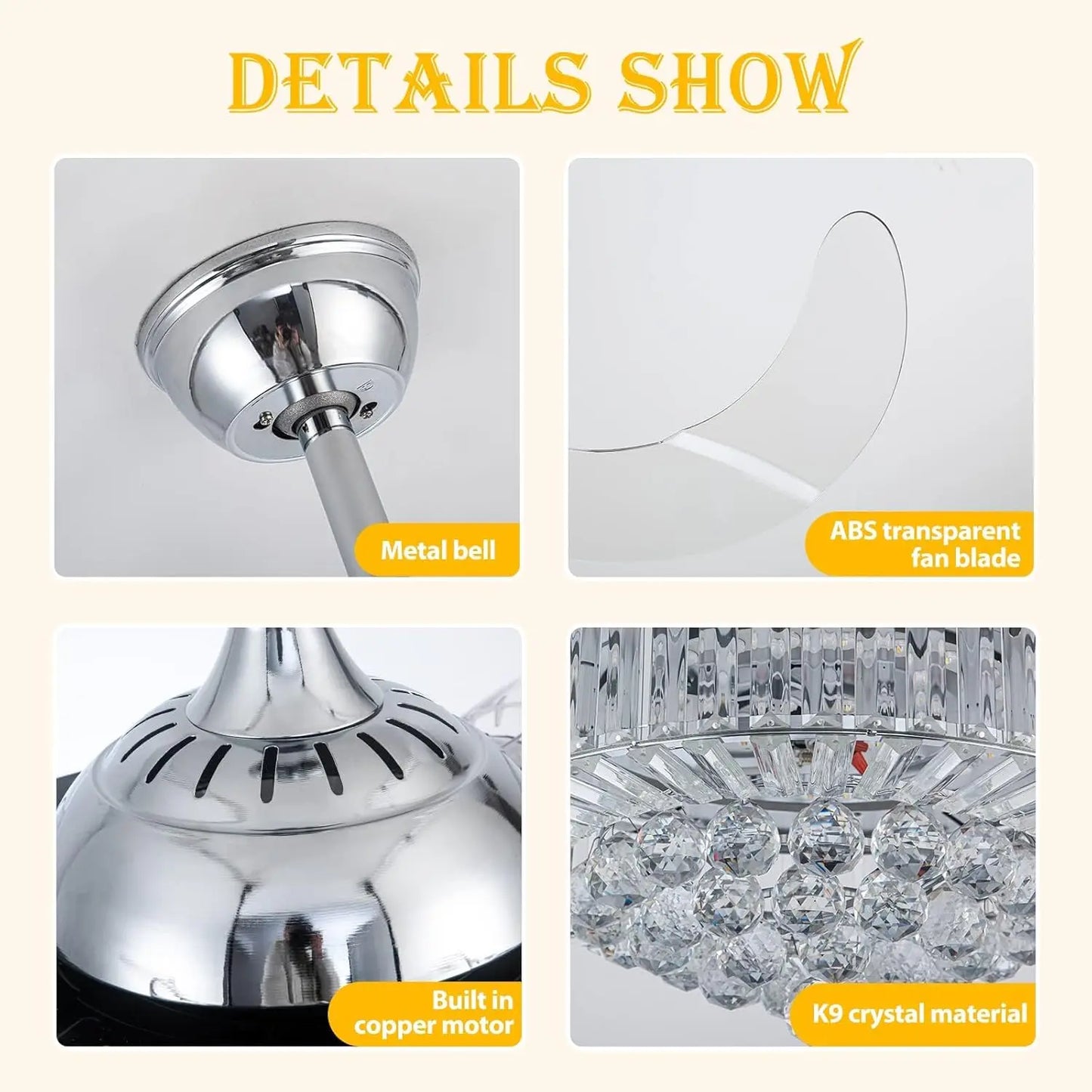 Crystal Ceiling Fan With Light Remote Retractable Blades Six Speeds