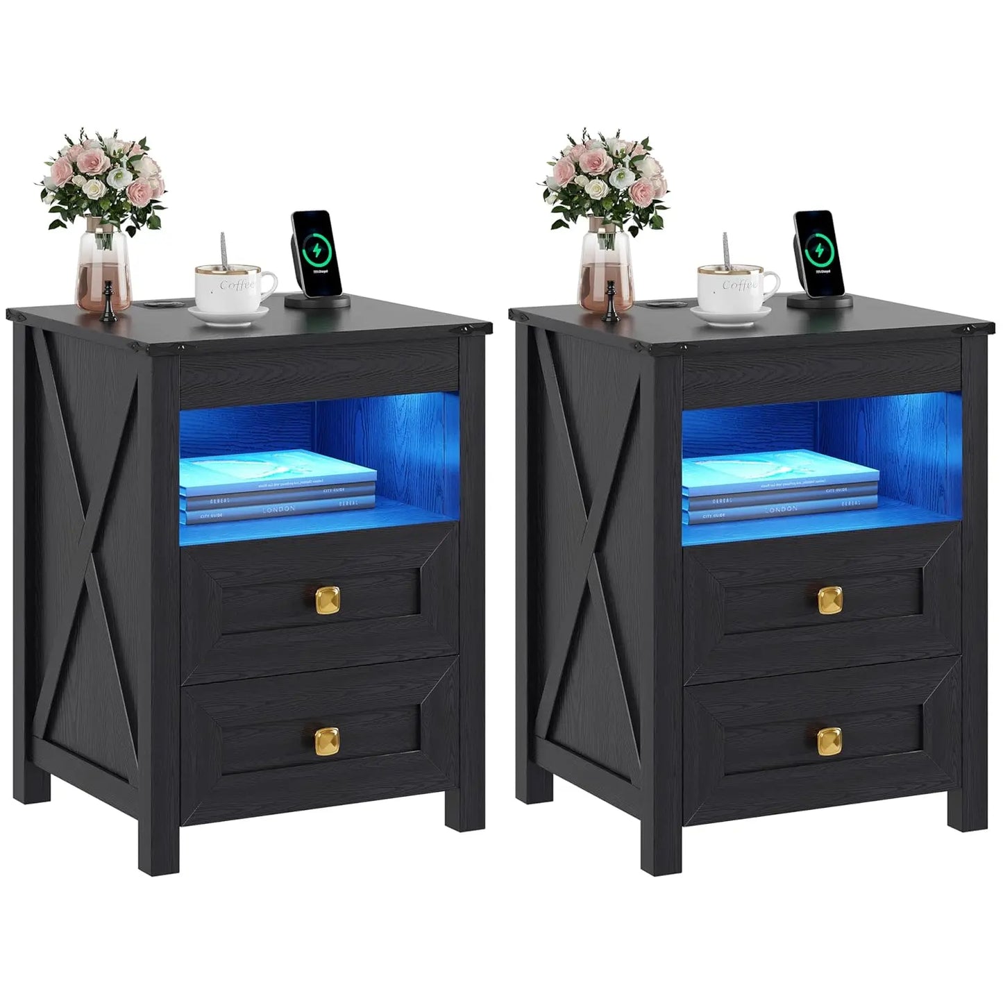 Frame LED Nightstand Set With Charging Station And Drawer