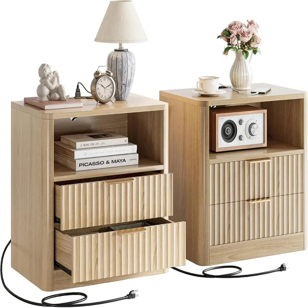 IRONCK Fluted Nightstand Set Of 2 With Charging Station