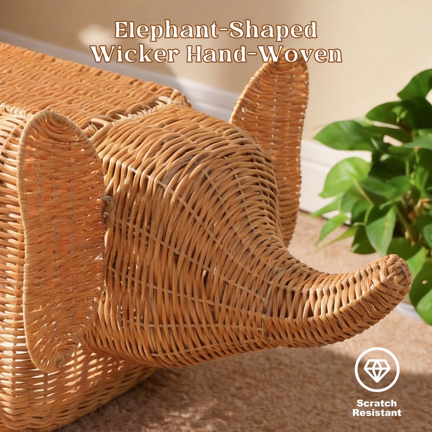 PEQULTI Handmade Elephant Rattan Cat Condo Bed Plush Hideaway