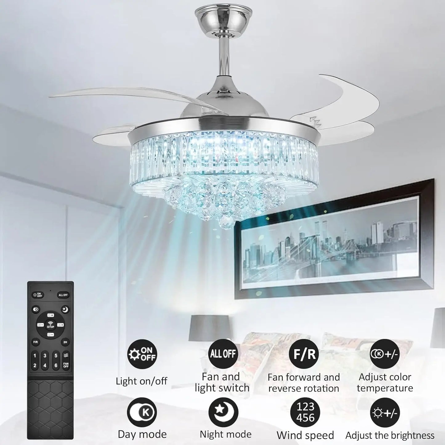 Crystal Ceiling Fan With Light Remote Retractable Blades Six Speeds