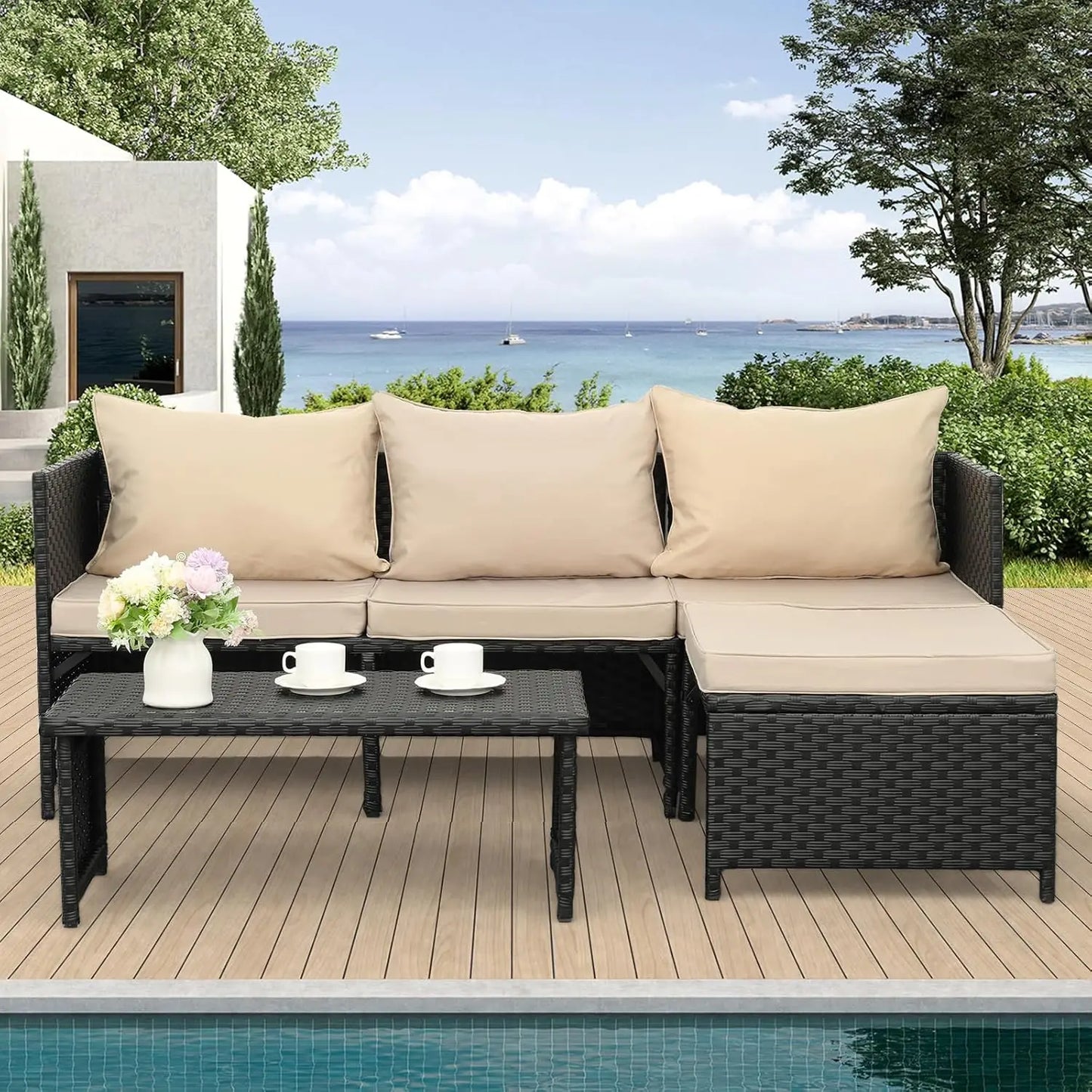 Outdoor PE Rattan 3 Piece Furniture Set For Patio Lounge