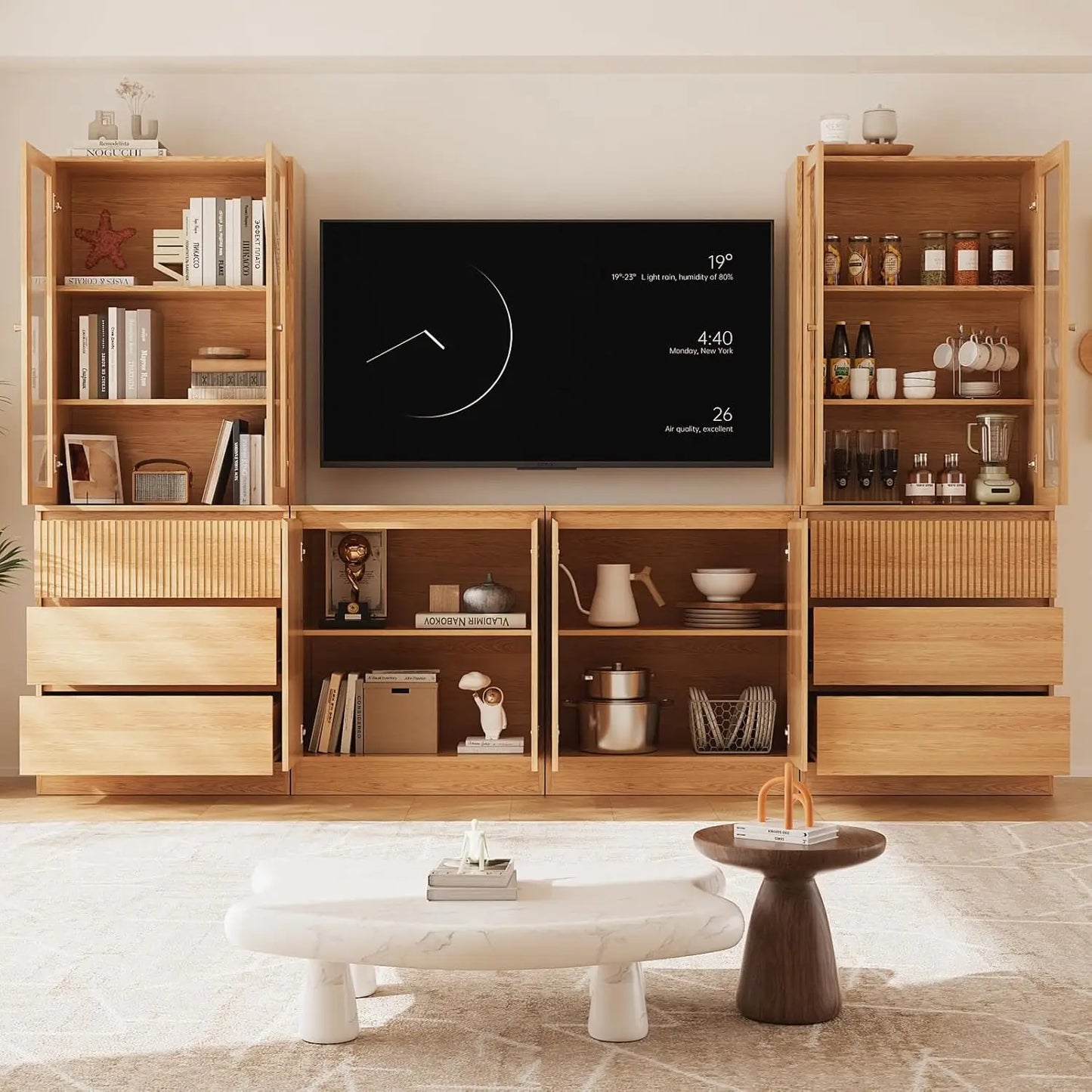 Living Room TV Stand Bookshelf Cabinet Set With Glass Doors