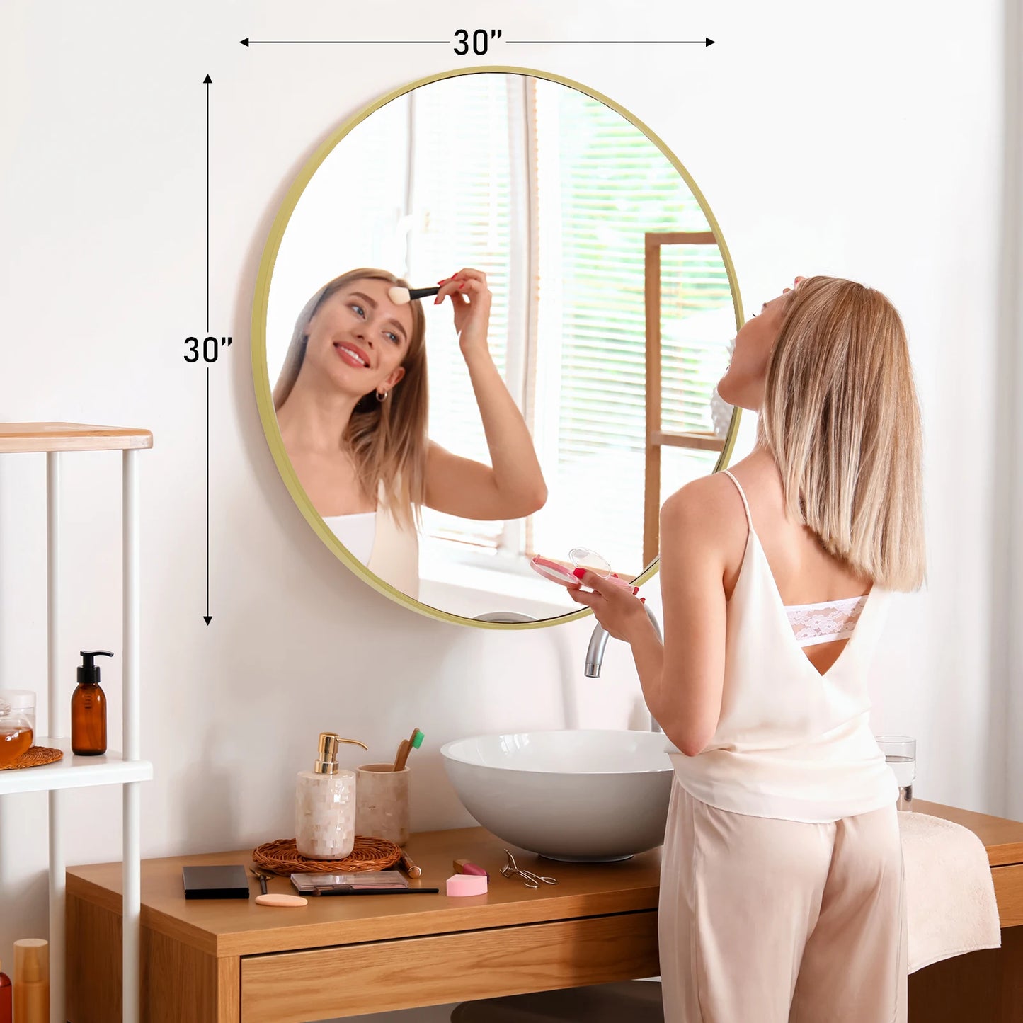 JHK Round Vanity Framed Mirror With Tempered Glass For Wall