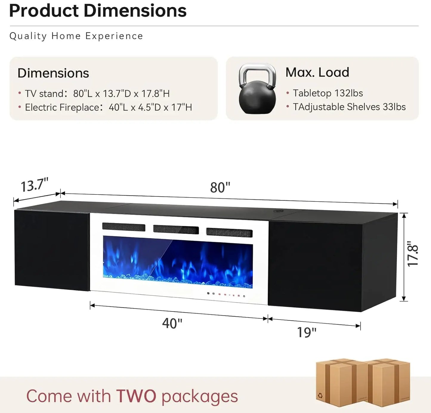Floating TV Stand With Electric Fireplace And LED Media Console
