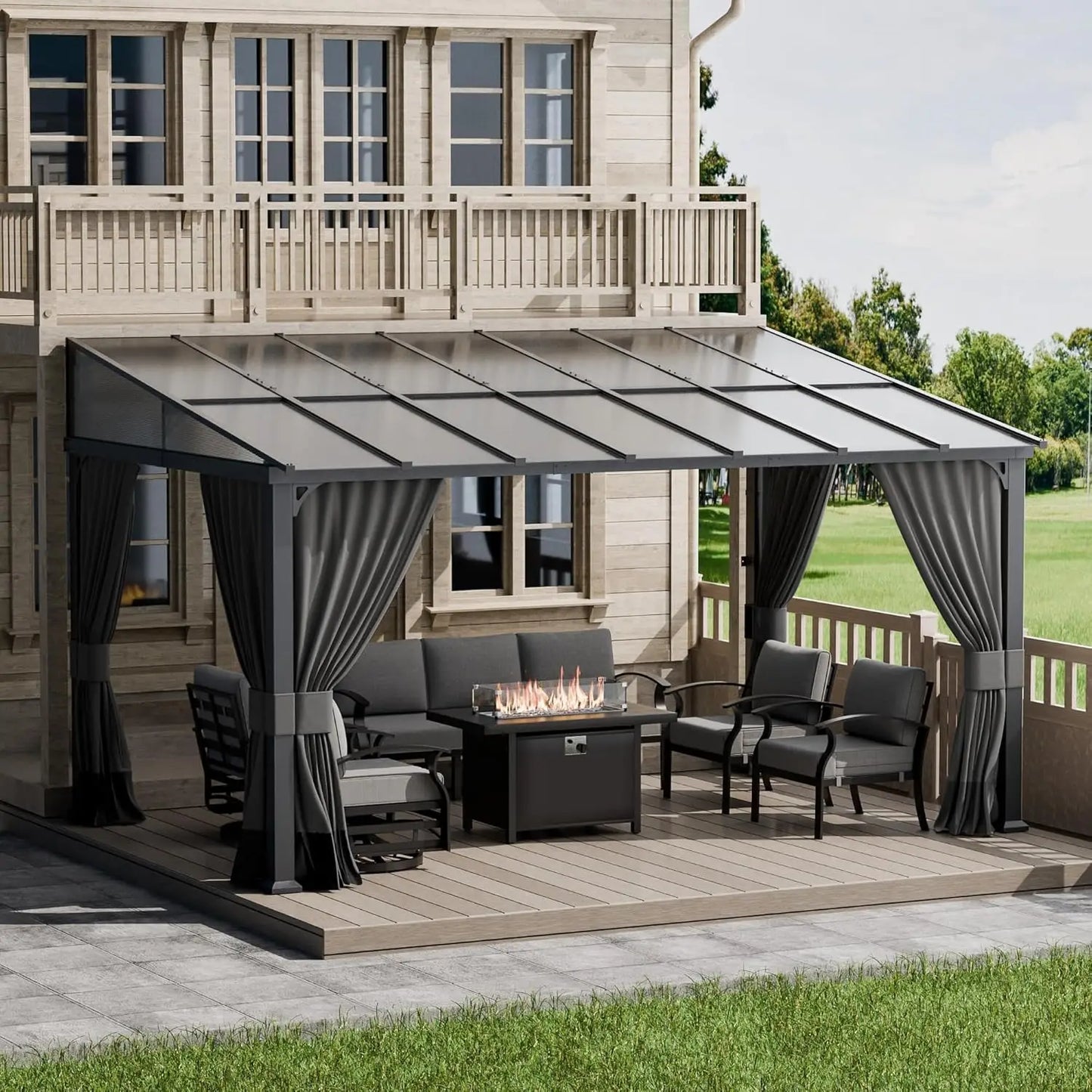 Wall Mounted Hardtop Pergola With Curtains And Netting