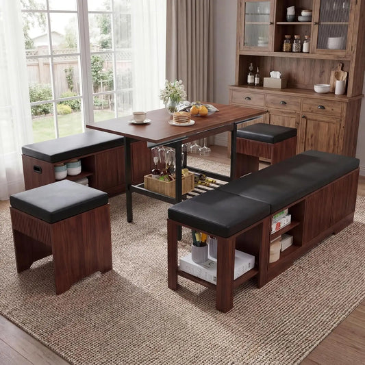 Extendable Breakfast Nook Table Set With Storage Benches And Stools