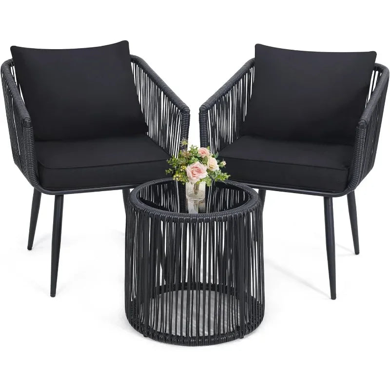 3 Piece Patio Rattan Bistro Conversation Set Outdoor Wicker Furniture