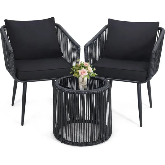 3 Piece Patio Rattan Bistro Conversation Set Outdoor Wicker Furniture