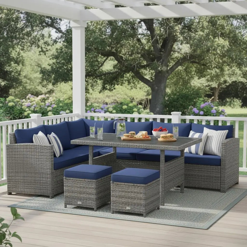 Patio Rattan Sectional Dining Set With All Weather Cushions