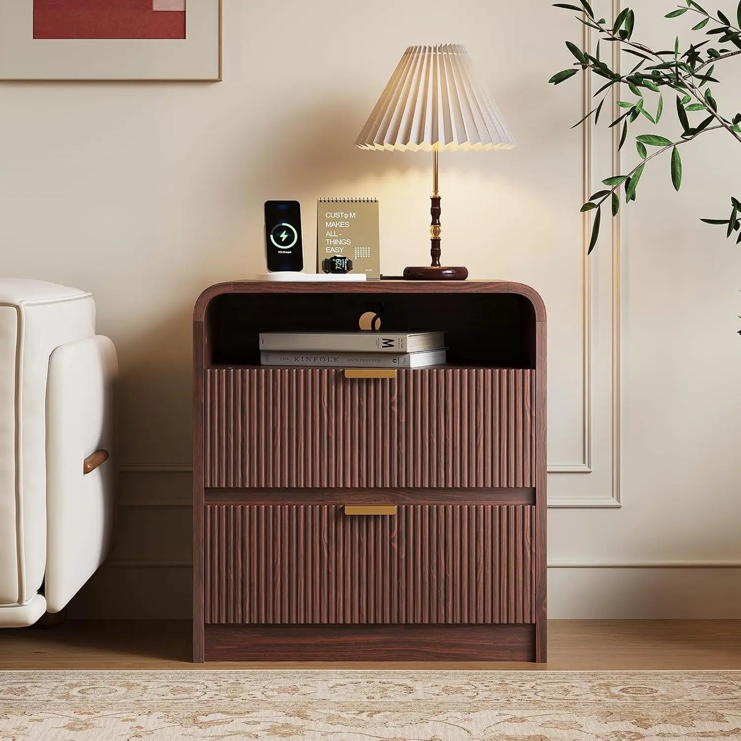 MOYU Fluted Nightstand With Charging Station And Two Drawers