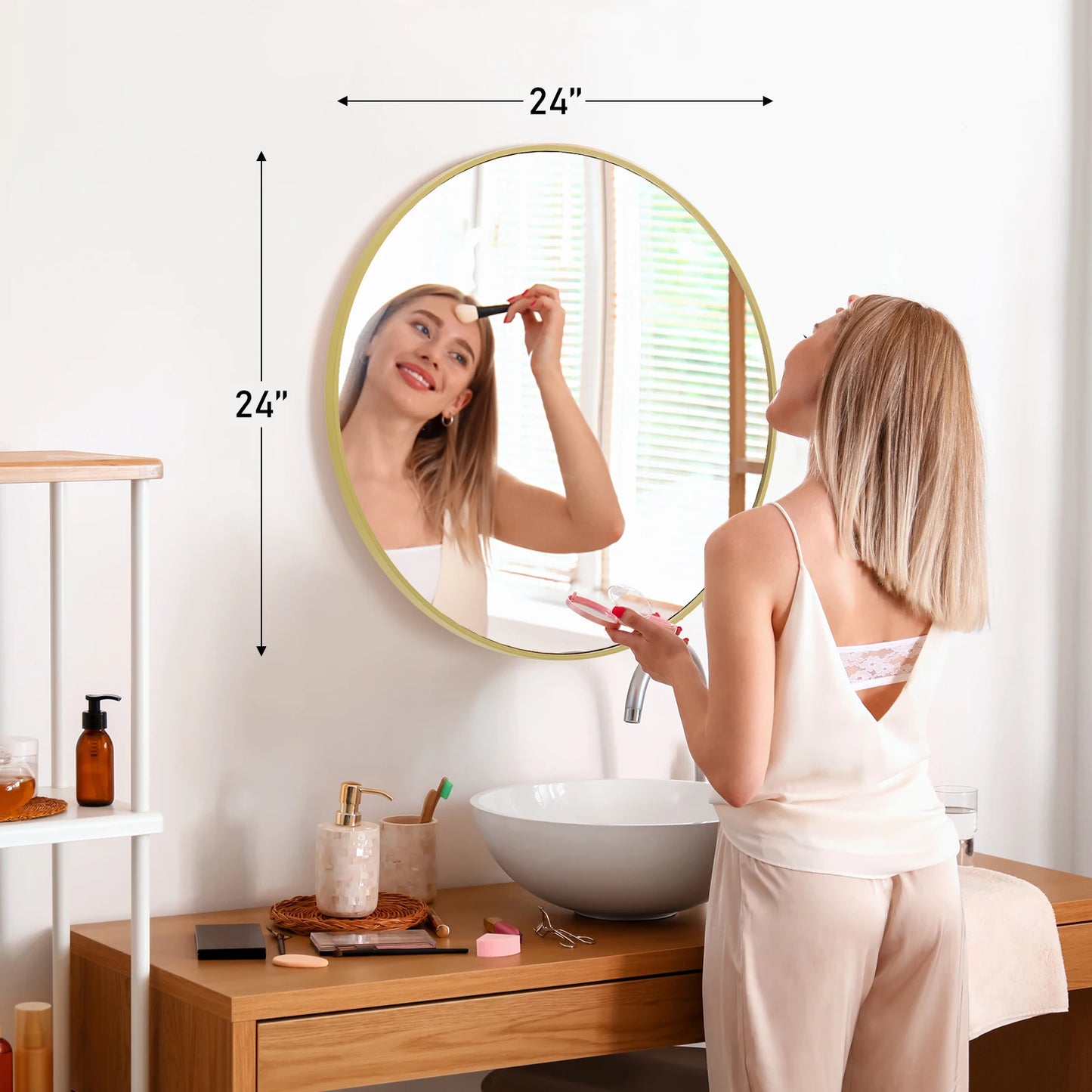 JHK Round Vanity Framed Mirror With Tempered Glass For Wall