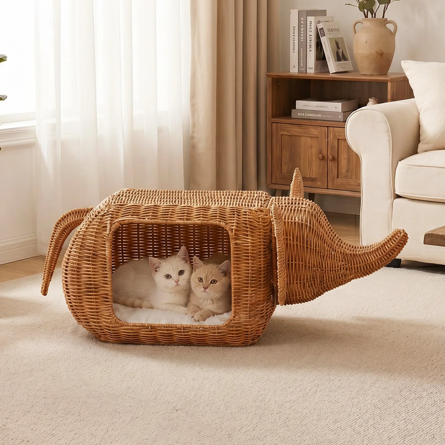 PEQULTI Handmade Elephant Rattan Cat Condo Bed Plush Hideaway