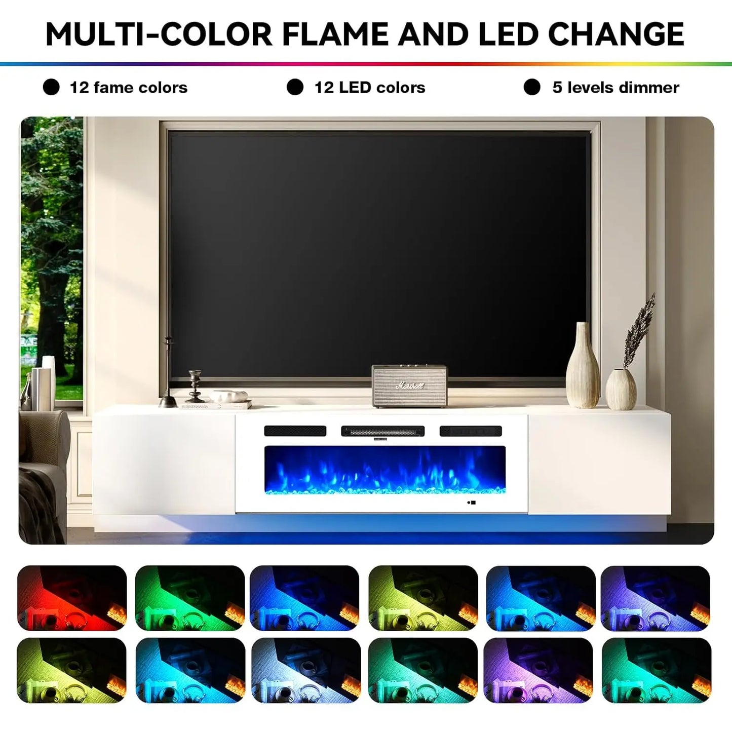 Wall Mount Floating TV Stand With LED Storage And Fireplace
