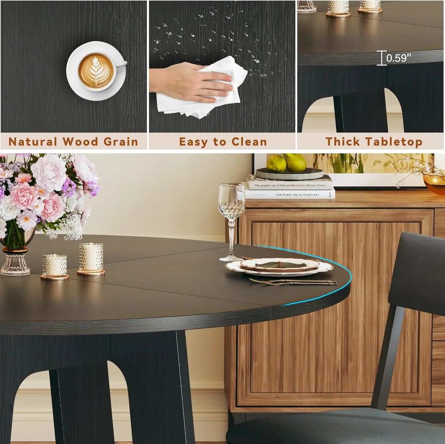 Round Dining Table Set for Six with Wood Base and Modern Style