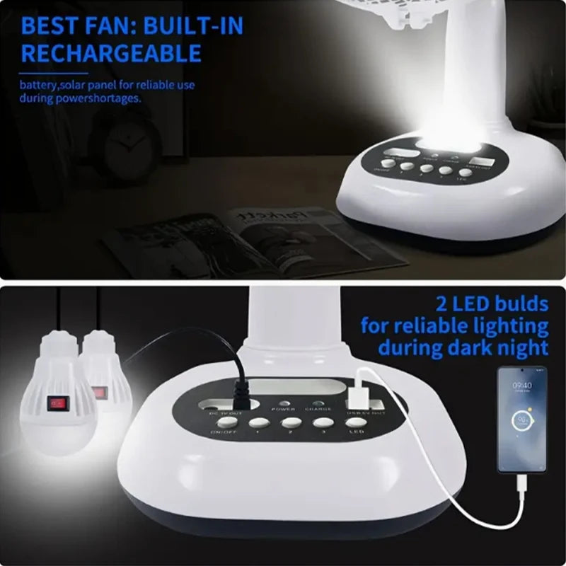 HUANJI Solar Portable Fan with USB Charging and LED Lights