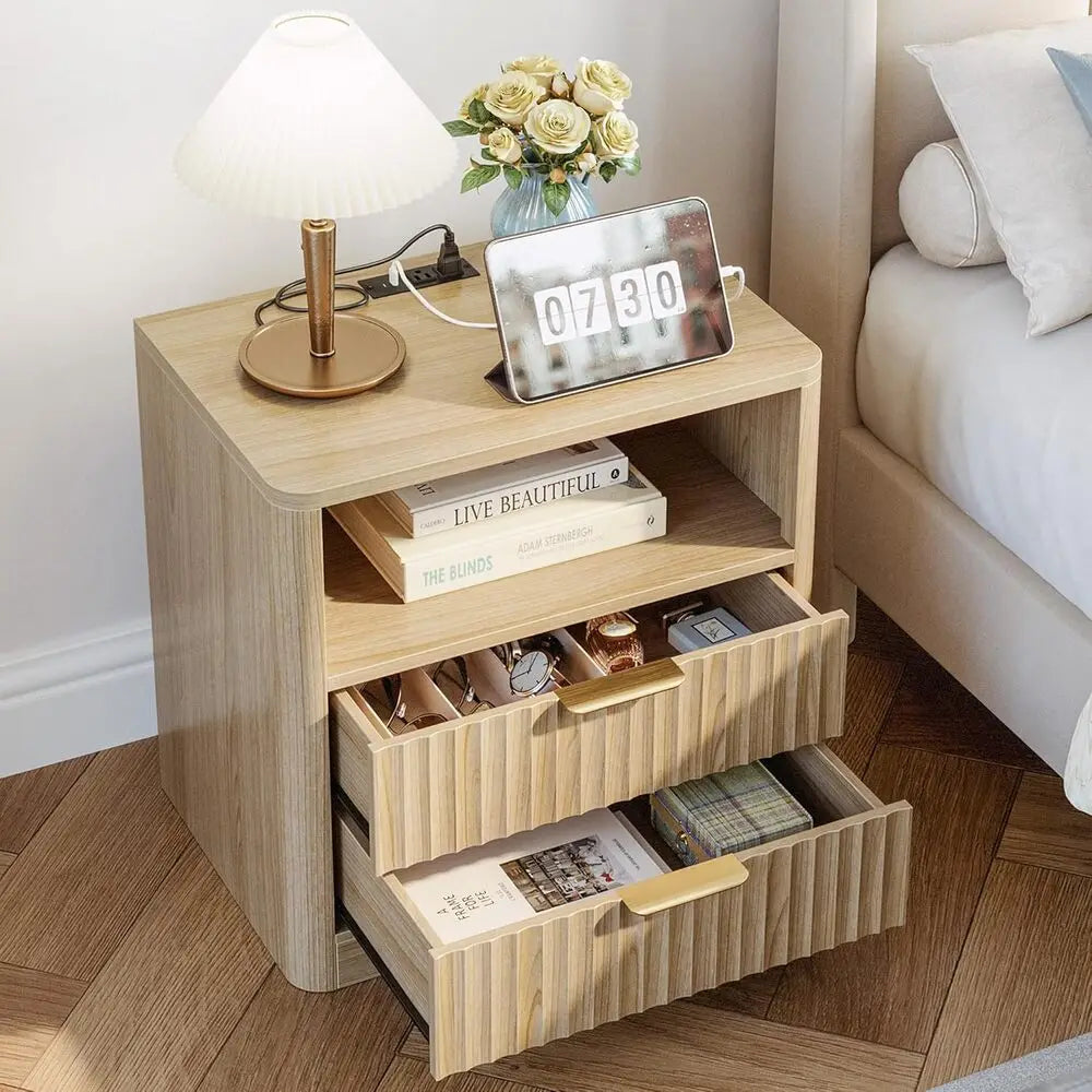 IRONCK Fluted Nightstand Set Of 2 With Charging Station