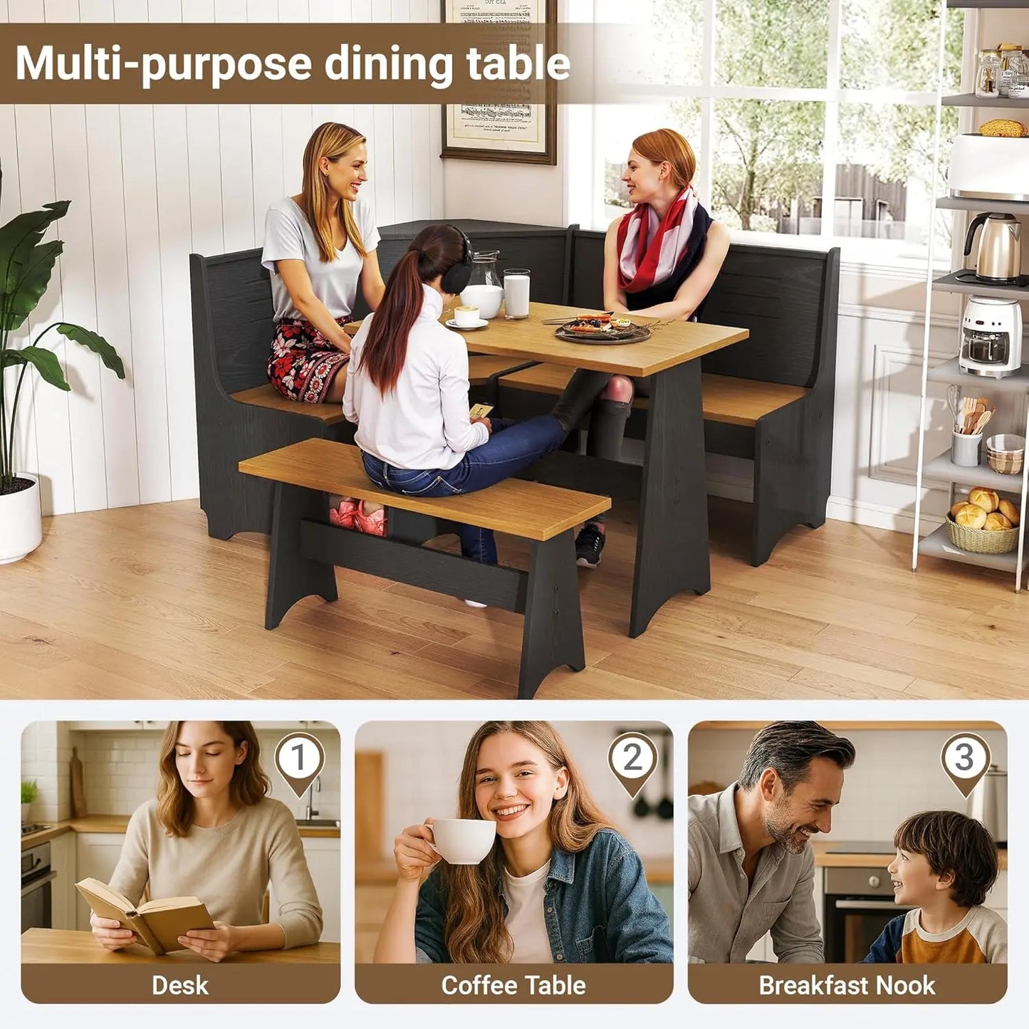 L-Shaped Breakfast Nook Set With Hidden Storage Bench