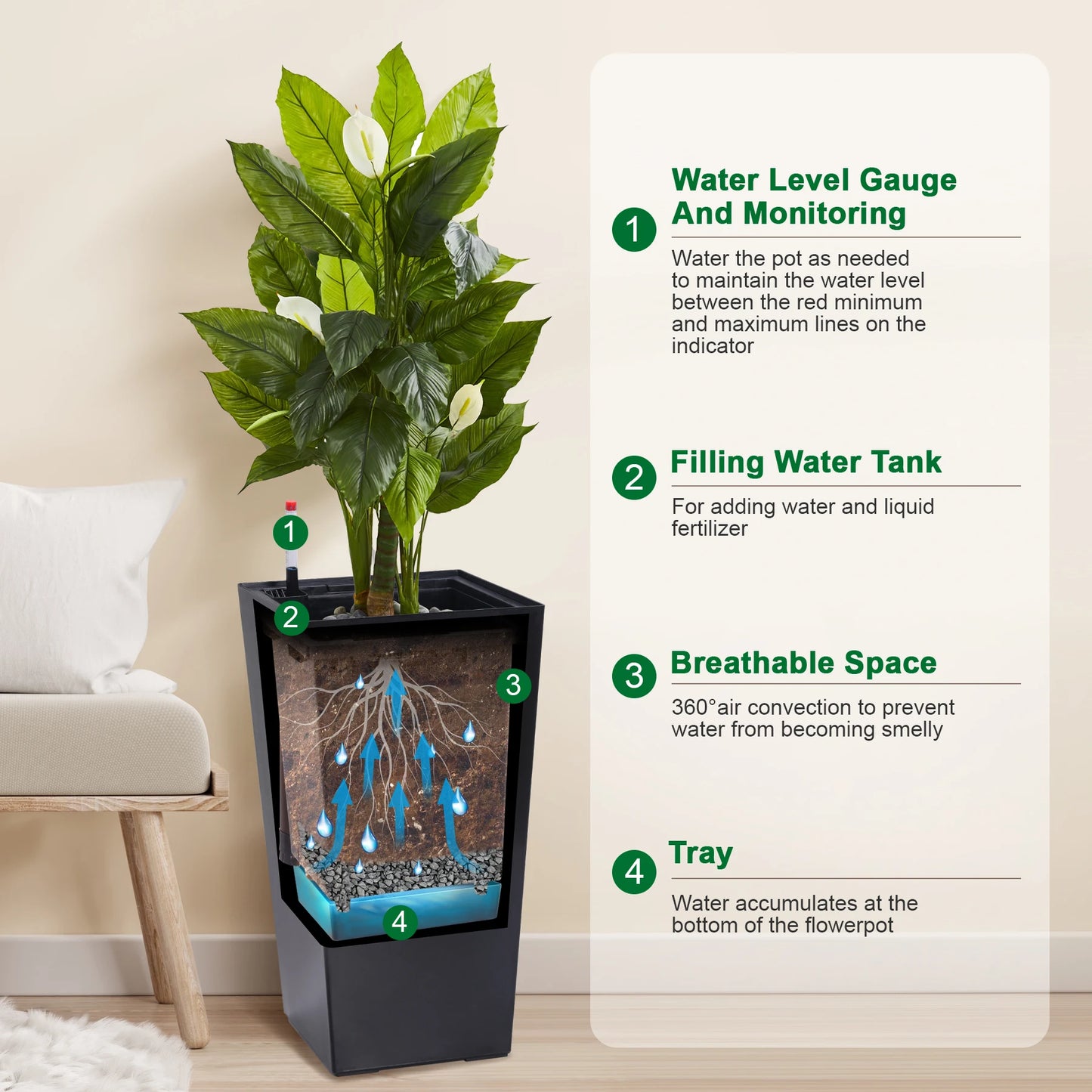 Outdoor Indoor Planter Pots Set With Drainage And Auto Watering