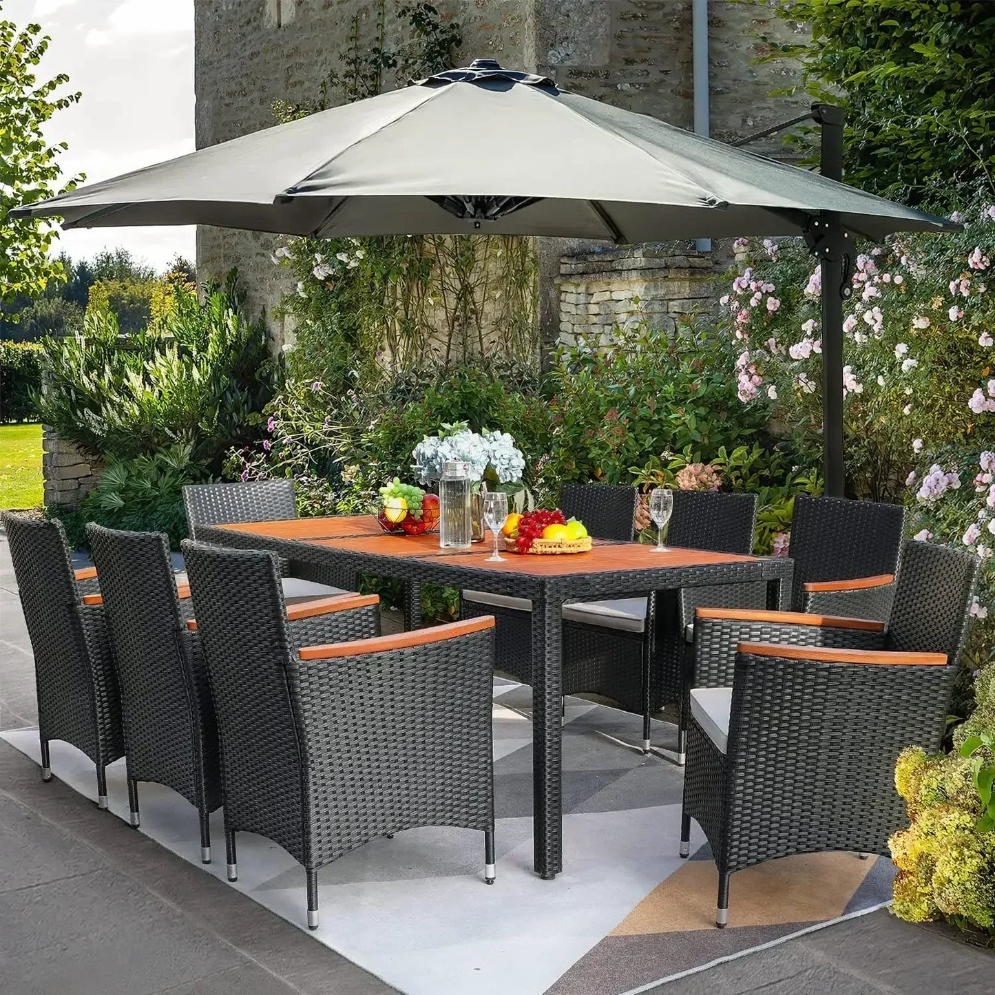 9 Piece Outdoor Patio Dining Set Table And Chairs In Acacia Wood With Cushions