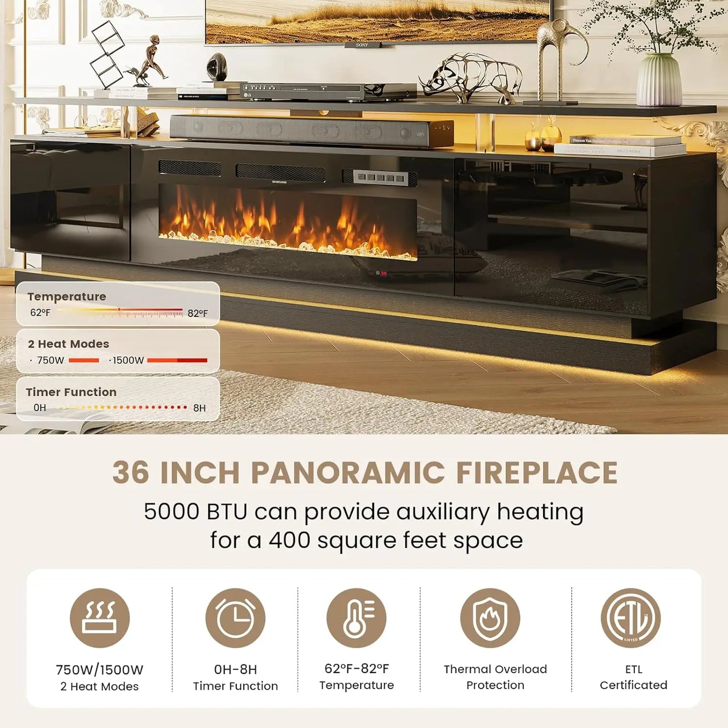 Modern Fireplace TV Stand Media Console With Storage