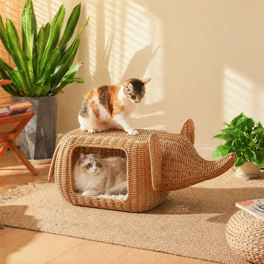 PEQULTI Handmade Elephant Rattan Cat Condo Bed Plush Hideaway