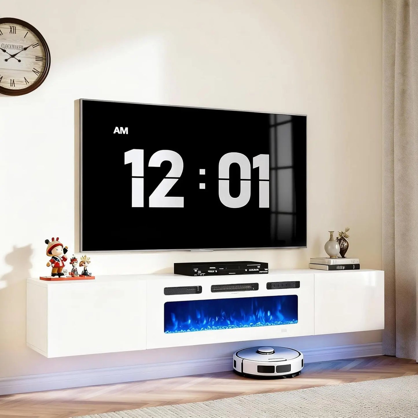 Floating TV Stand With Electric Fireplace And LED Media Console