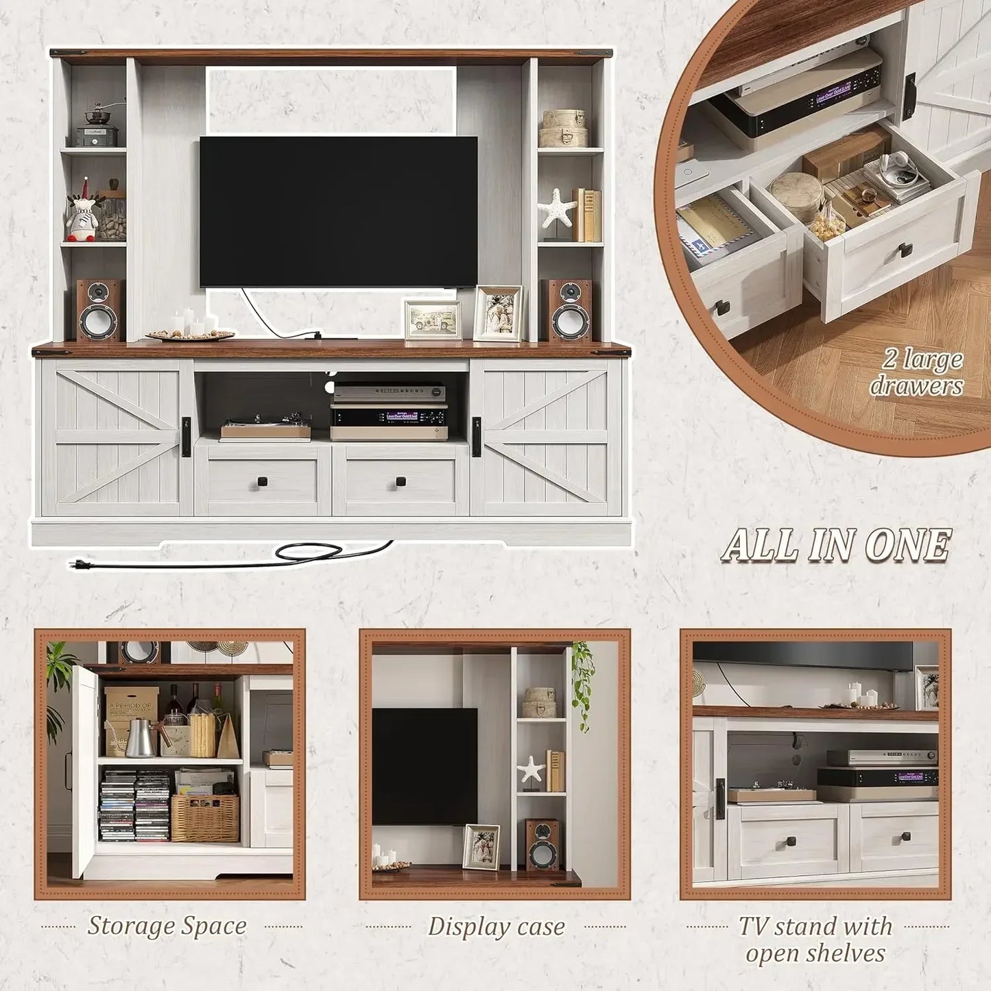 Wood TV Stand Wall Unit Entertainment Center With Adjustable Shelves